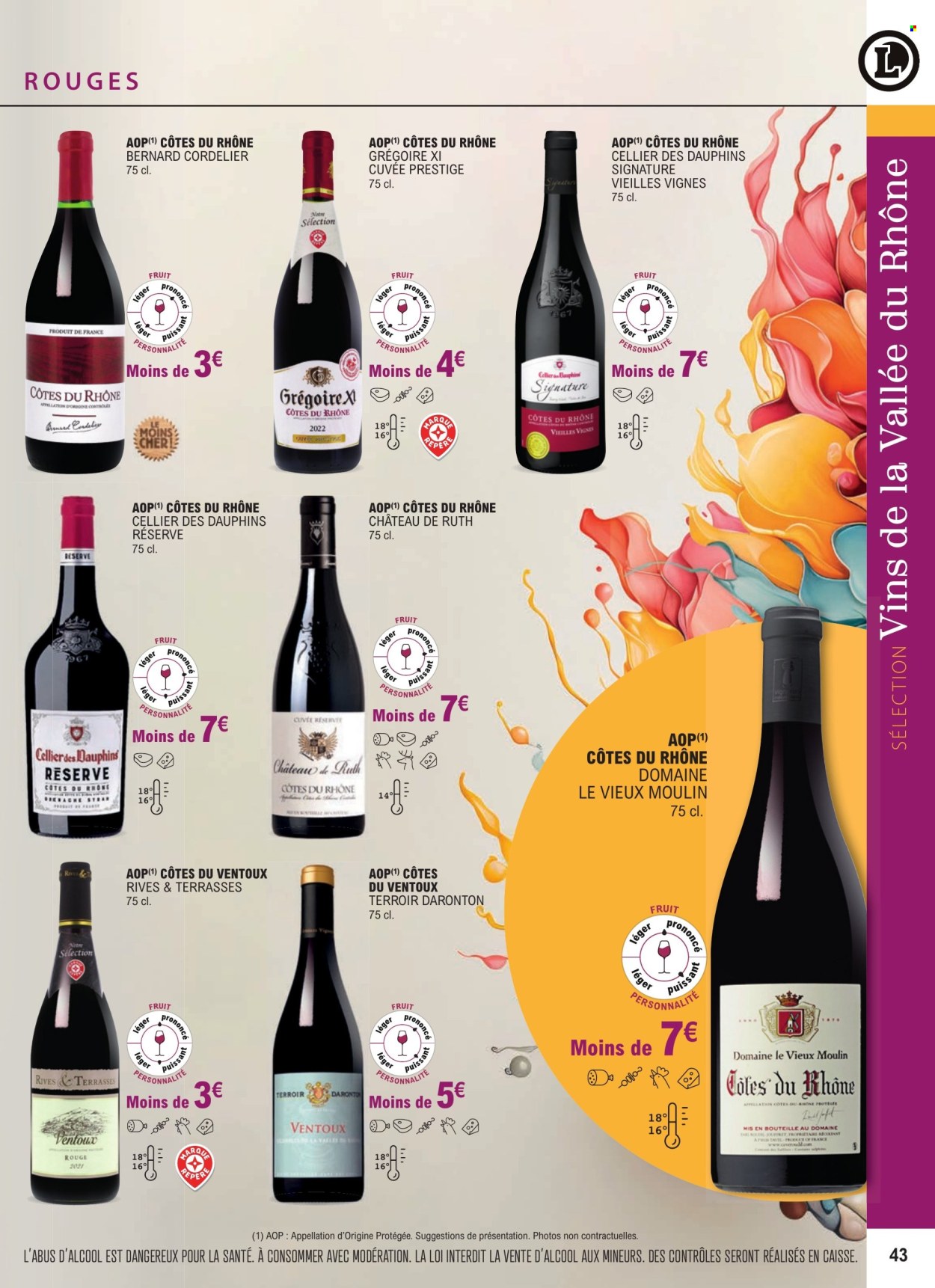 thumbnail - Catalogue E.Leclerc - 01/01/2024 - 31/12/2025 - Produits soldés - alcool, Côtes du Rhône, vin rosé, vin. Page 43.