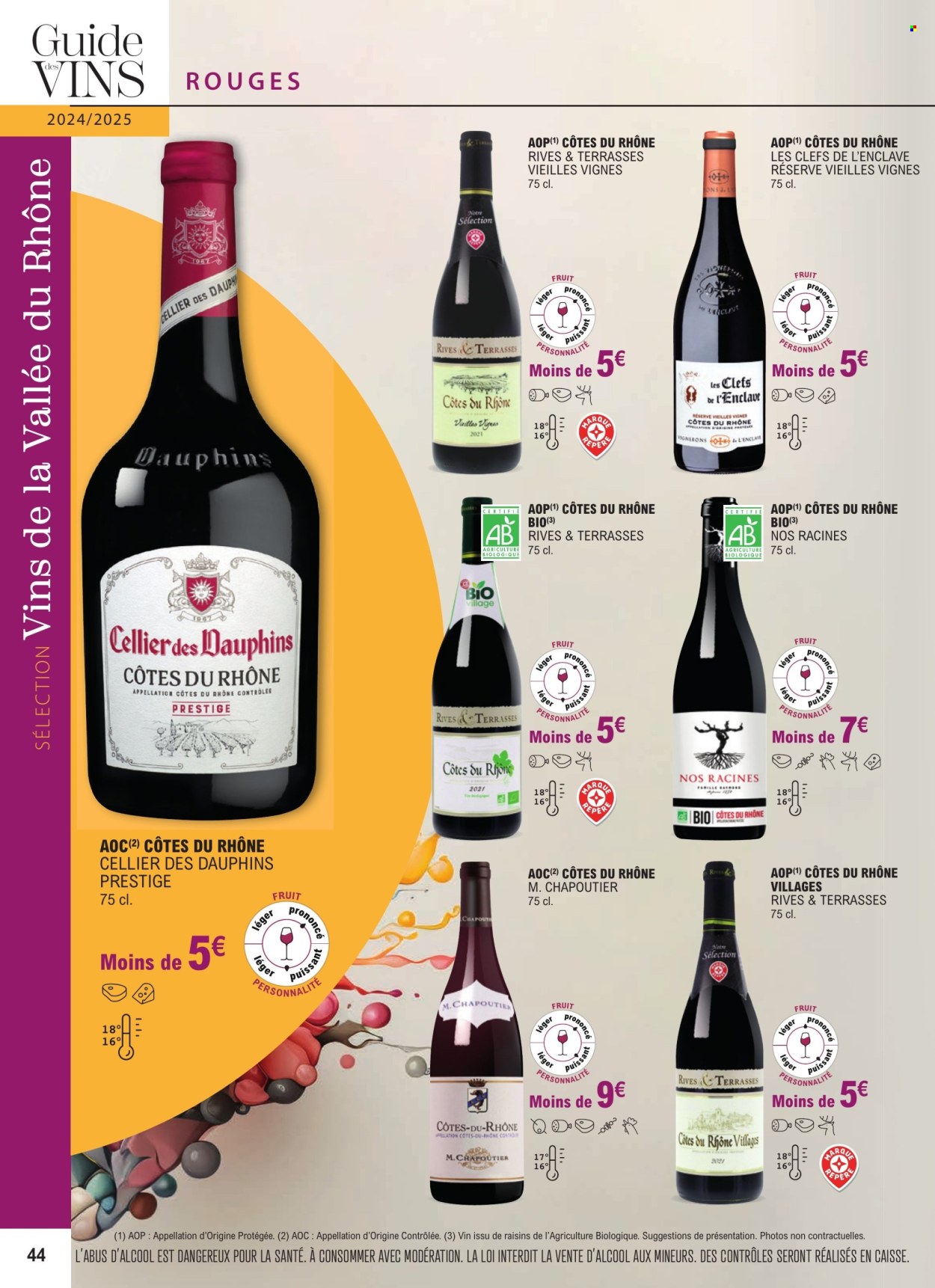 thumbnail - Catalogue E.Leclerc - 01/01/2024 - 31/12/2025 - Produits soldés - alcool, Côtes du Rhône, vin rouge, vin. Page 44.
