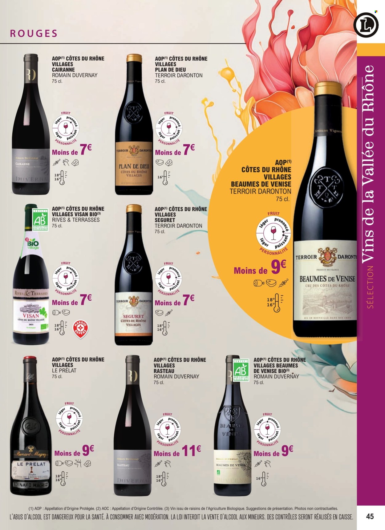 thumbnail - Catalogue E.Leclerc - 01/01/2024 - 31/12/2025 - Produits soldés - alcool, Côtes du Rhône, vin rouge, vin. Page 45.