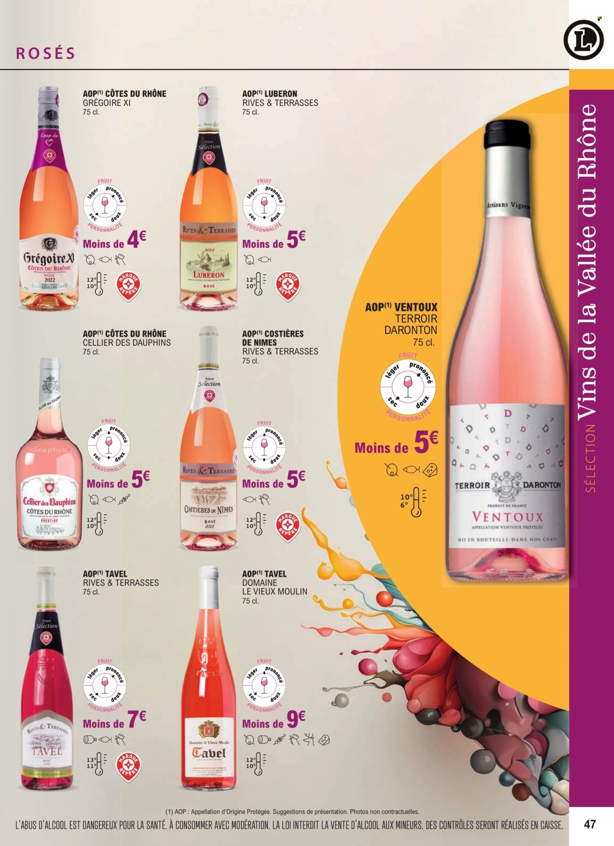 thumbnail - Catalogue E.Leclerc - 01/01/2024 - 31/12/2025 - Produits soldés - alcool, Côtes du Rhône, vin rosé, vin. Page 47.
