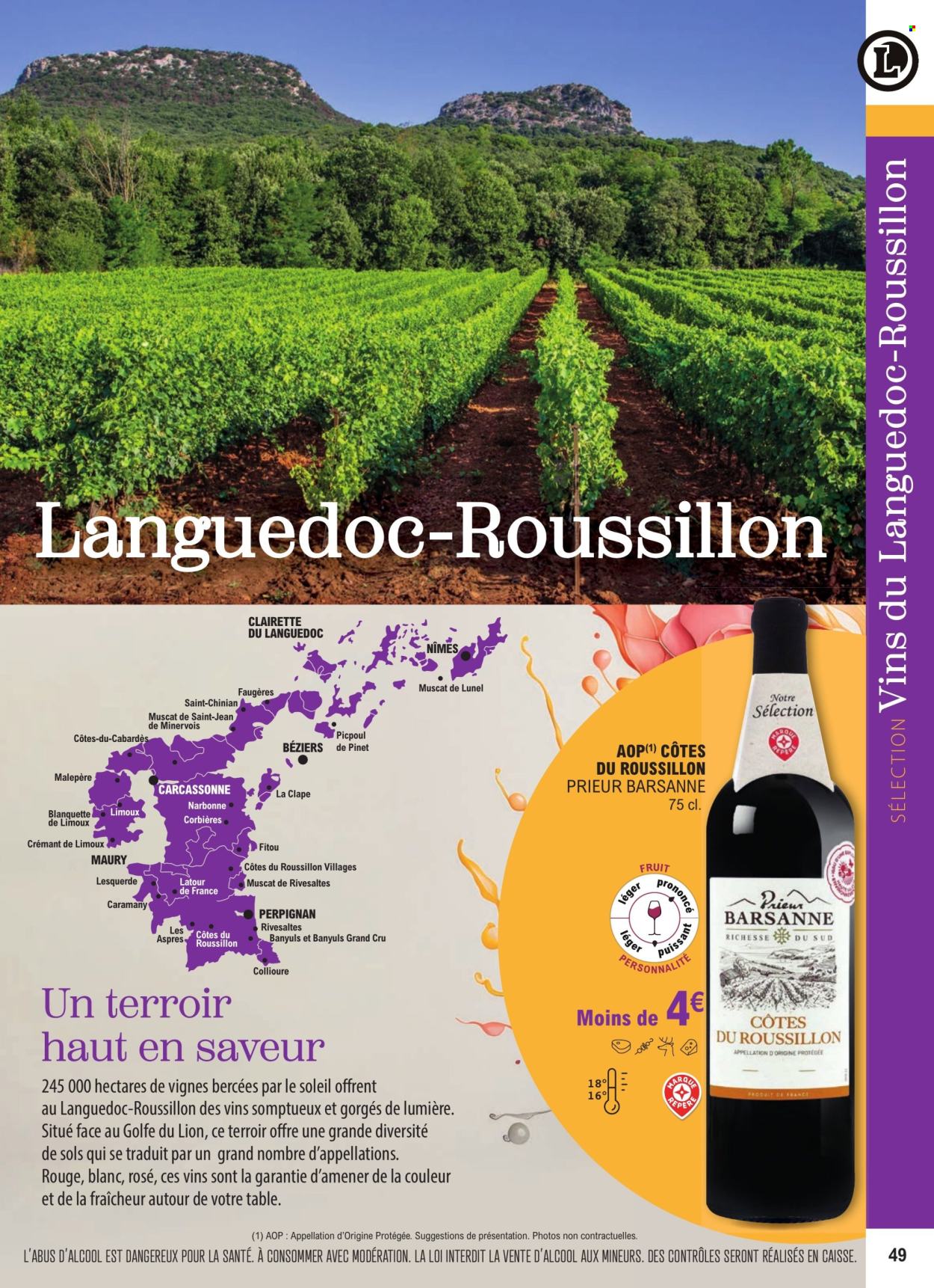 thumbnail - Catalogue E.Leclerc - 01/01/2024 - 31/12/2025 - Produits soldés - alcool, Lion, Corbières, Côtes du Roussillon, vin blanc, vin. Page 49.