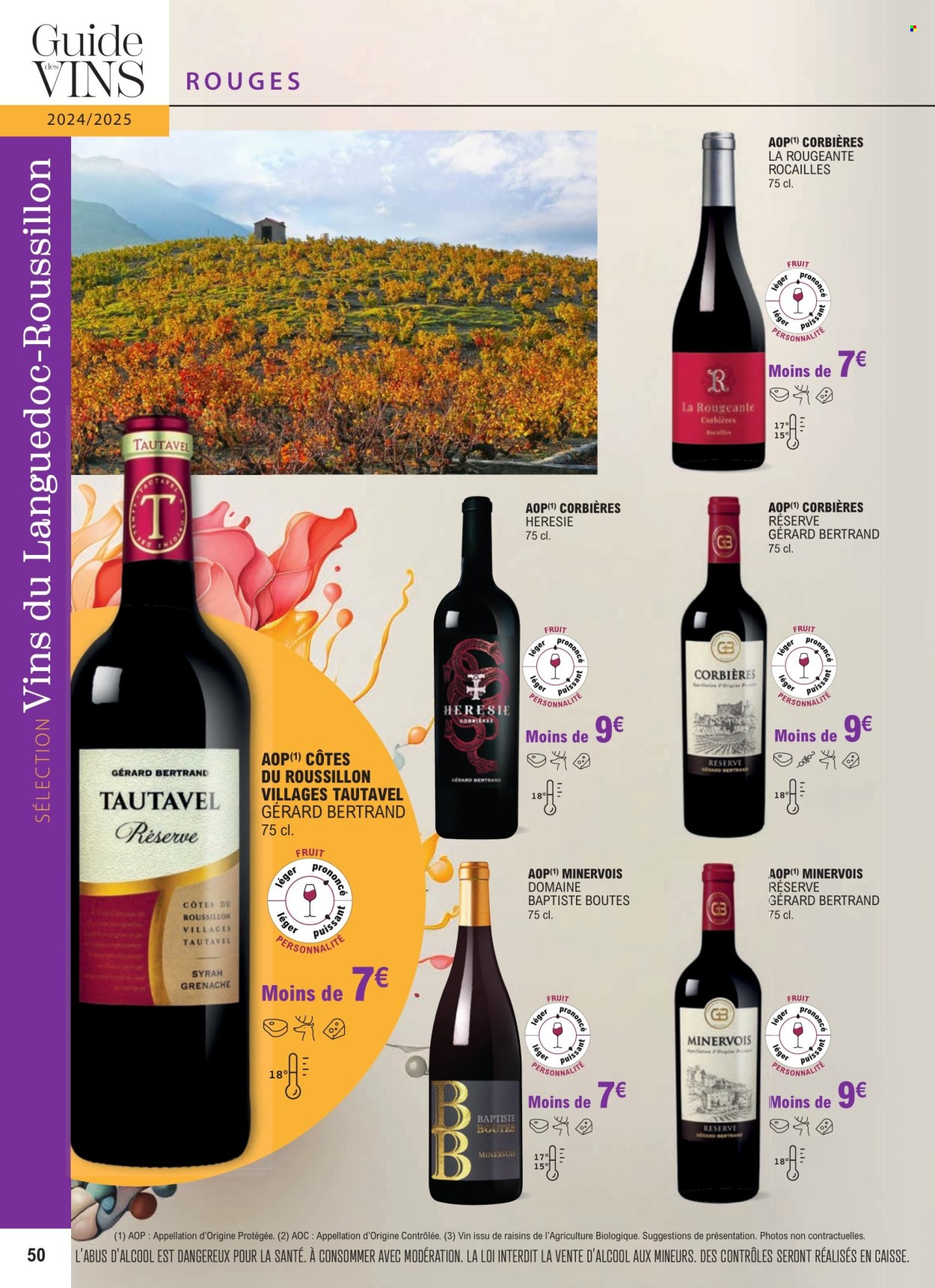 thumbnail - Catalogue E.Leclerc - 01/01/2024 - 31/12/2025 - Produits soldés - alcool, Corbières, Côtes du Roussillon, vin. Page 50.
