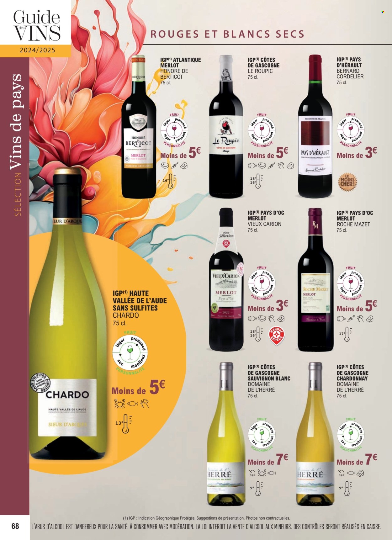 thumbnail - Catalogue E.Leclerc - 01/01/2024 - 31/12/2025 - Produits soldés - alcool, Côtes de Gascogne, vin blanc, vin rouge, Sauvignon Blanc, vin, Cabernet Sauvignon. Page 68.