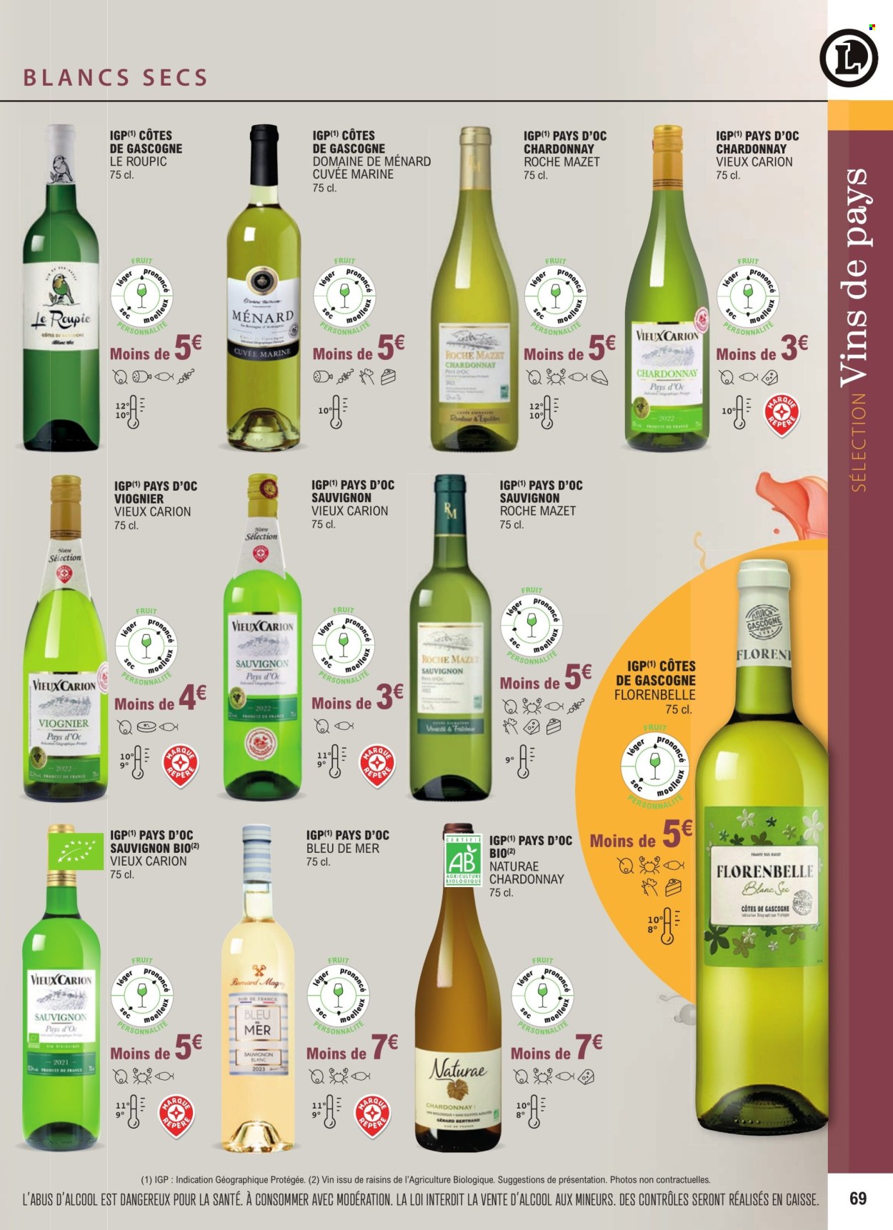 thumbnail - Catalogue E.Leclerc - 01/01/2024 - 31/12/2025 - Produits soldés - alcool, Côtes de Gascogne, vin blanc, Sauvignon Blanc, vin, Cabernet Sauvignon, banc. Page 69.