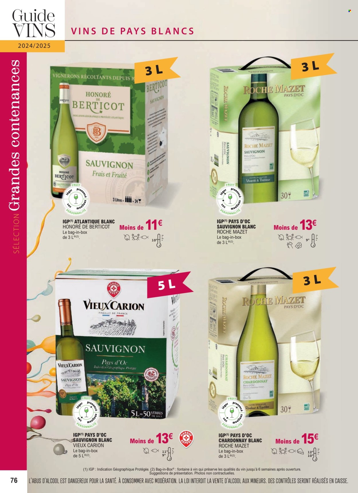 thumbnail - Catalogue E.Leclerc - 01/01/2024 - 31/12/2025 - Produits soldés - alcool, vin blanc, Sauvignon Blanc, vin, Cabernet Sauvignon. Page 76.