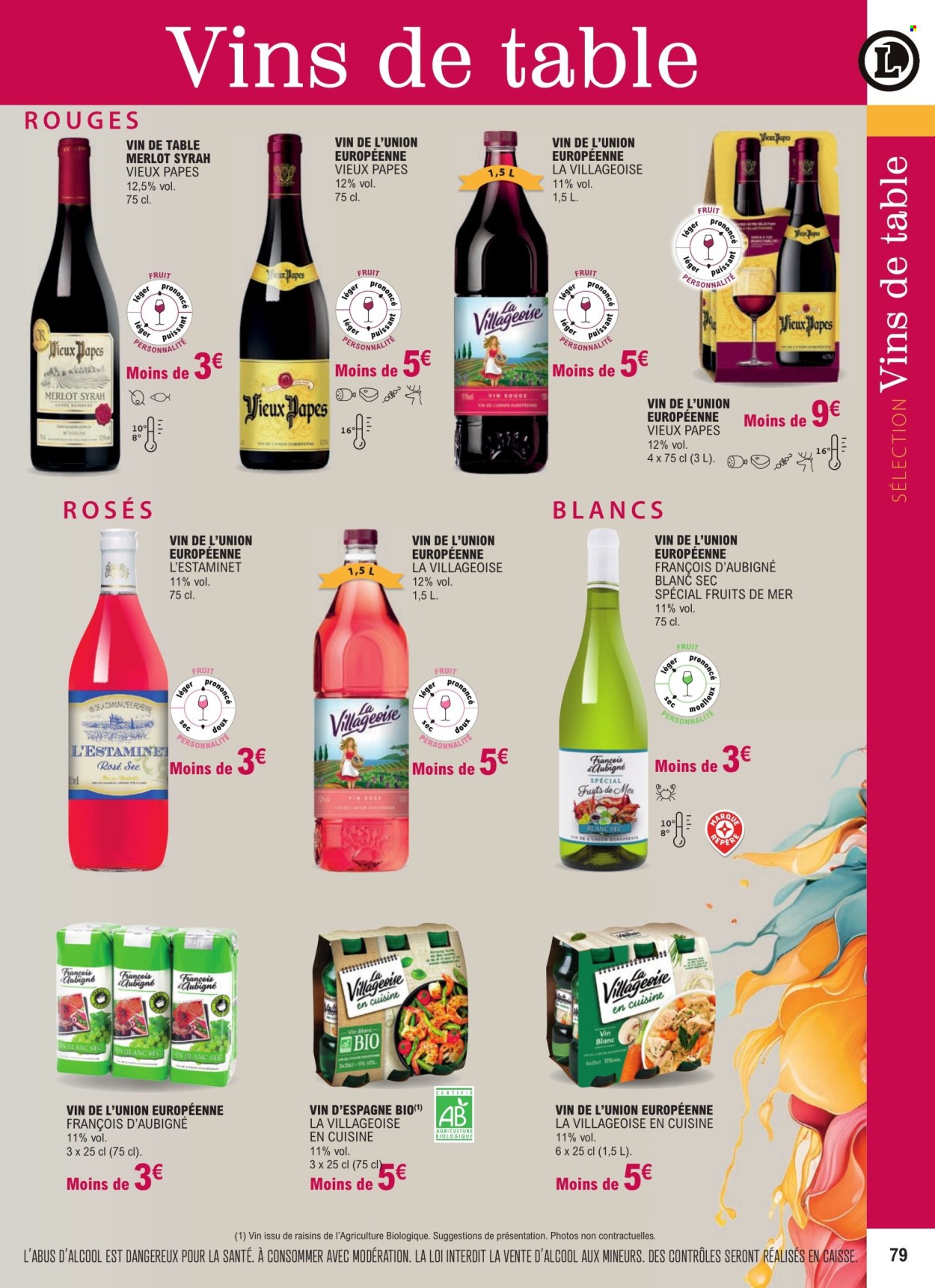 thumbnail - Catalogue E.Leclerc - 01/01/2024 - 31/12/2025 - Produits soldés - alcool, fruits de mer, vin blanc, vin rosé, vin rouge, vin. Page 79.