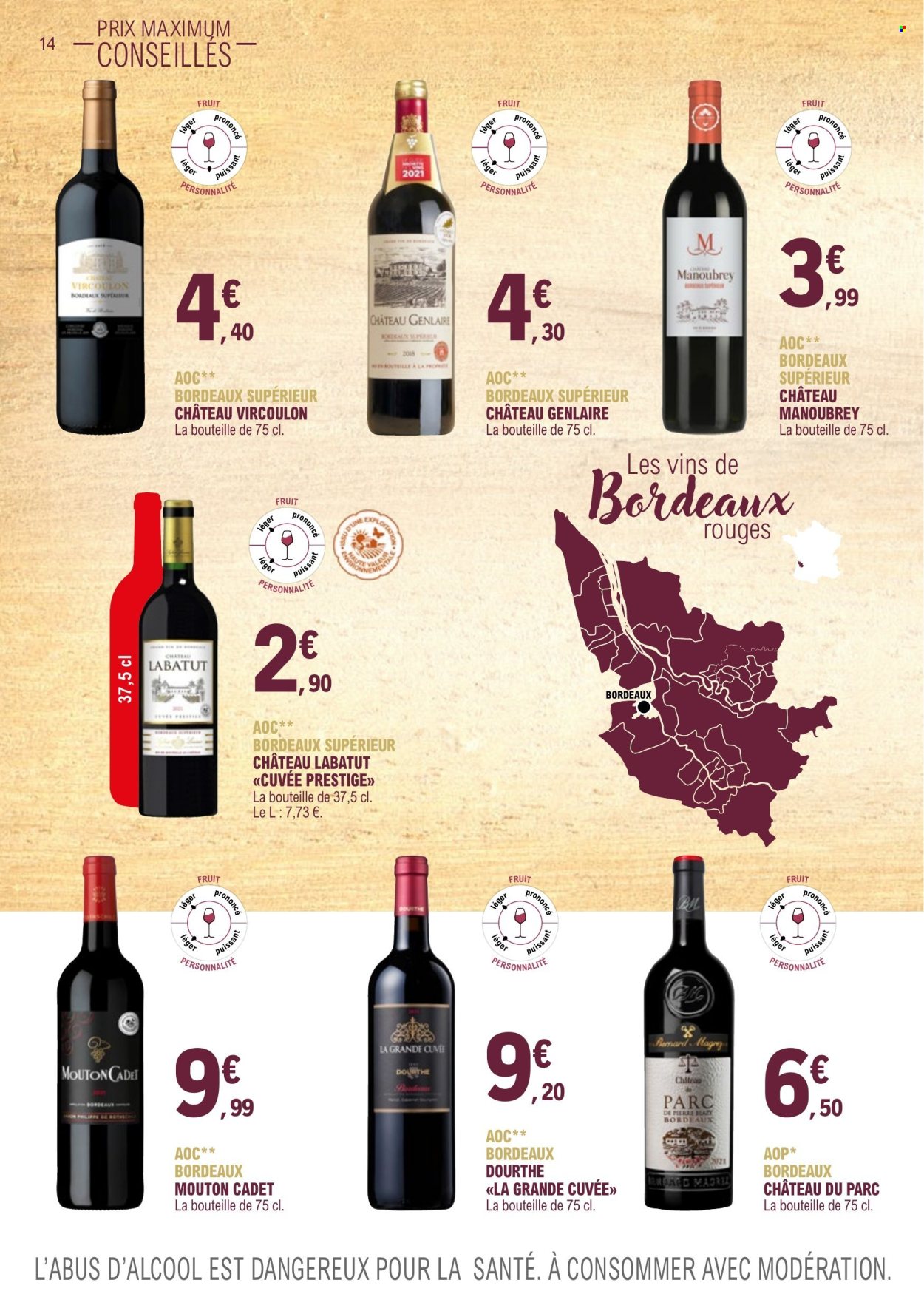 thumbnail - Catalogue E.Leclerc - 01/01/2023 - 31/12/2024 - Produits soldés - alcool, Bordeaux, vin rouge, vin. Page 14.