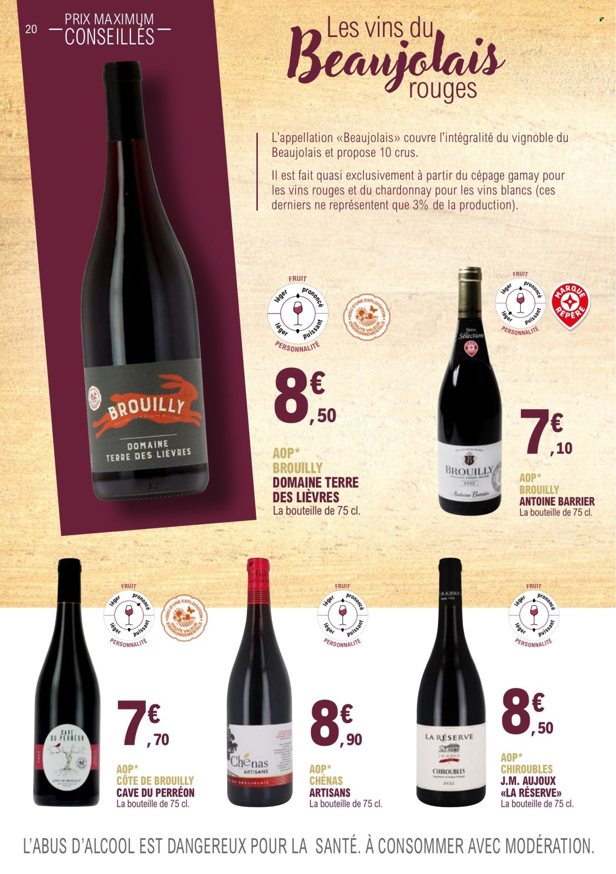 thumbnail - Catalogue E.Leclerc - 01/01/2023 - 31/12/2024 - Produits soldés - alcool, Beaujolais, vin. Page 20.