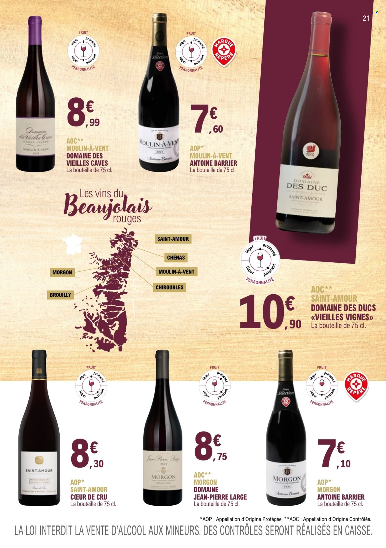 thumbnail - Catalogue E.Leclerc - 01/01/2023 - 31/12/2024 - Produits soldés - alcool, Beaujolais, vin. Page 21.