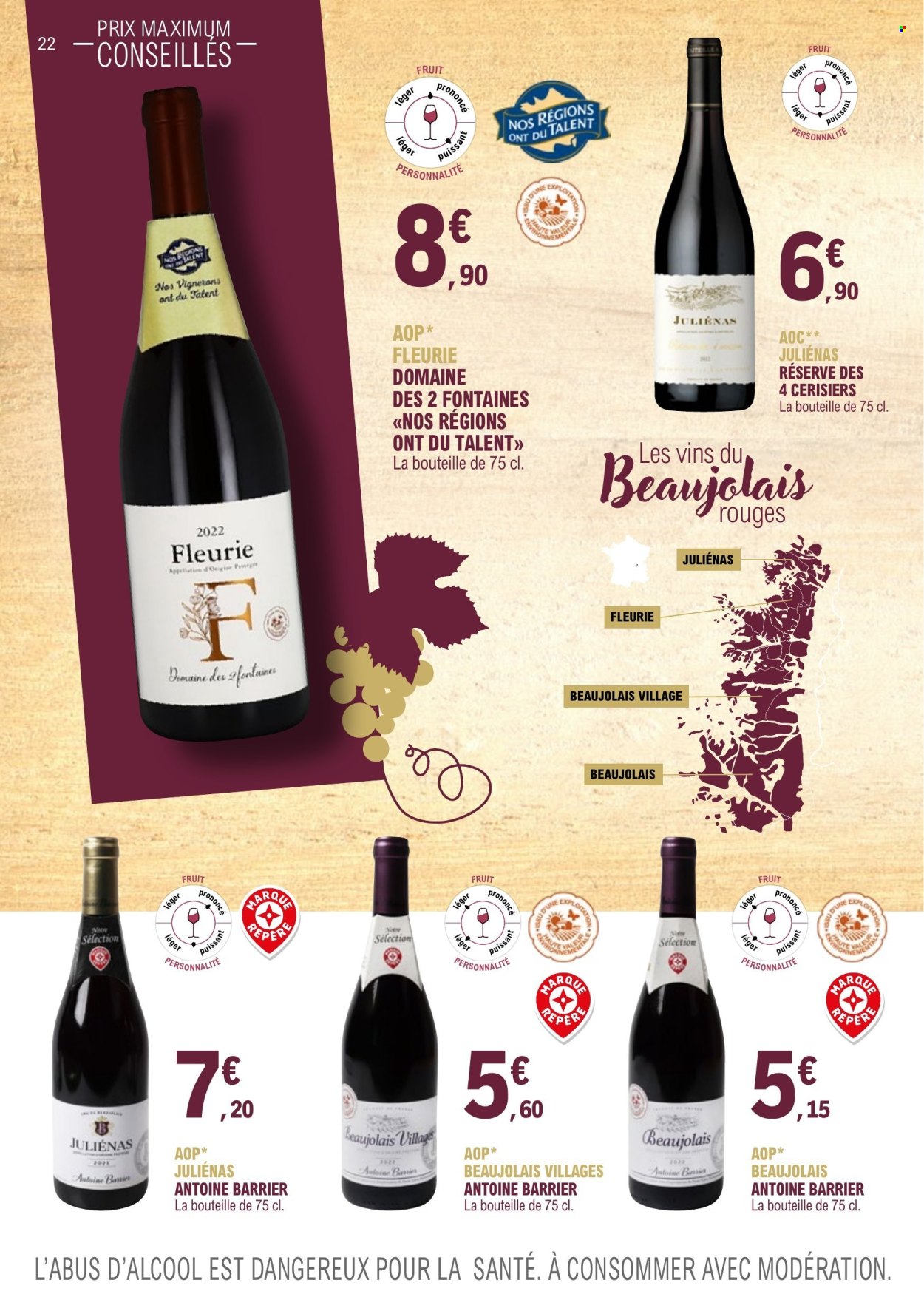 thumbnail - Catalogue E.Leclerc - 01/01/2023 - 31/12/2024 - Produits soldés - alcool, Beaujolais, vin. Page 22.