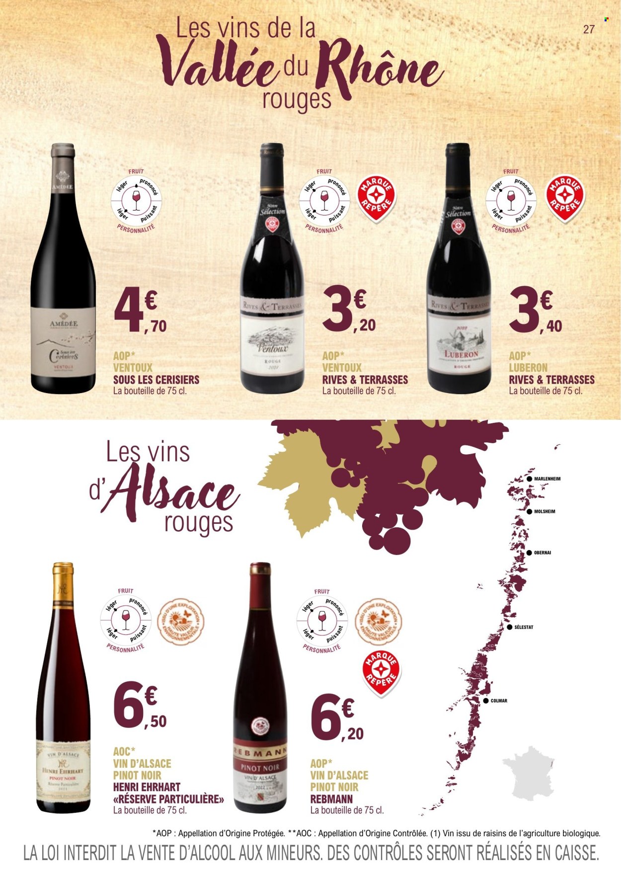 thumbnail - Catalogue E.Leclerc - 01/01/2023 - 31/12/2024 - Produits soldés - alcool, vin d’Alsace, vin rouge, vin. Page 27.