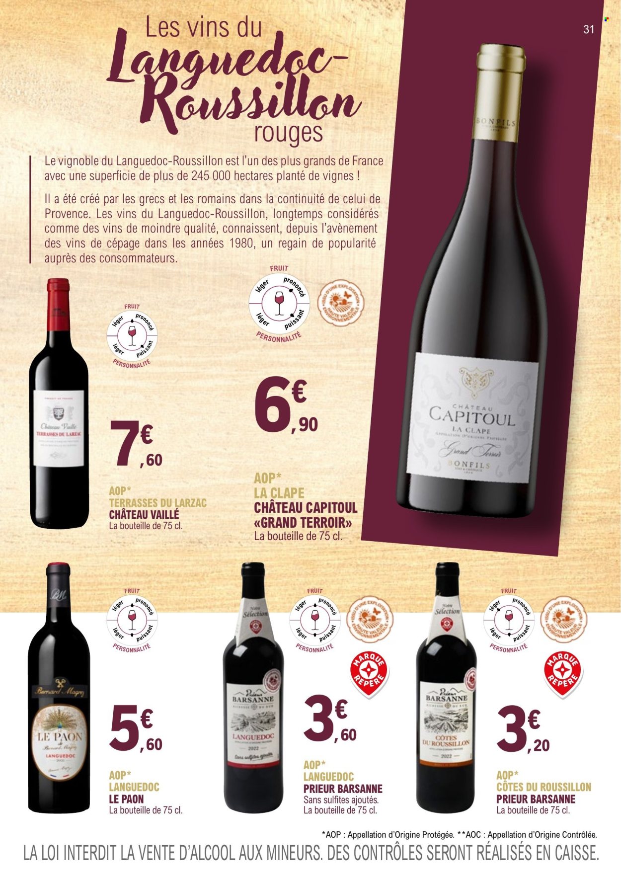 thumbnail - Catalogue E.Leclerc - 01/01/2023 - 31/12/2024 - Produits soldés - alcool, Côtes du Roussillon, vin. Page 31.