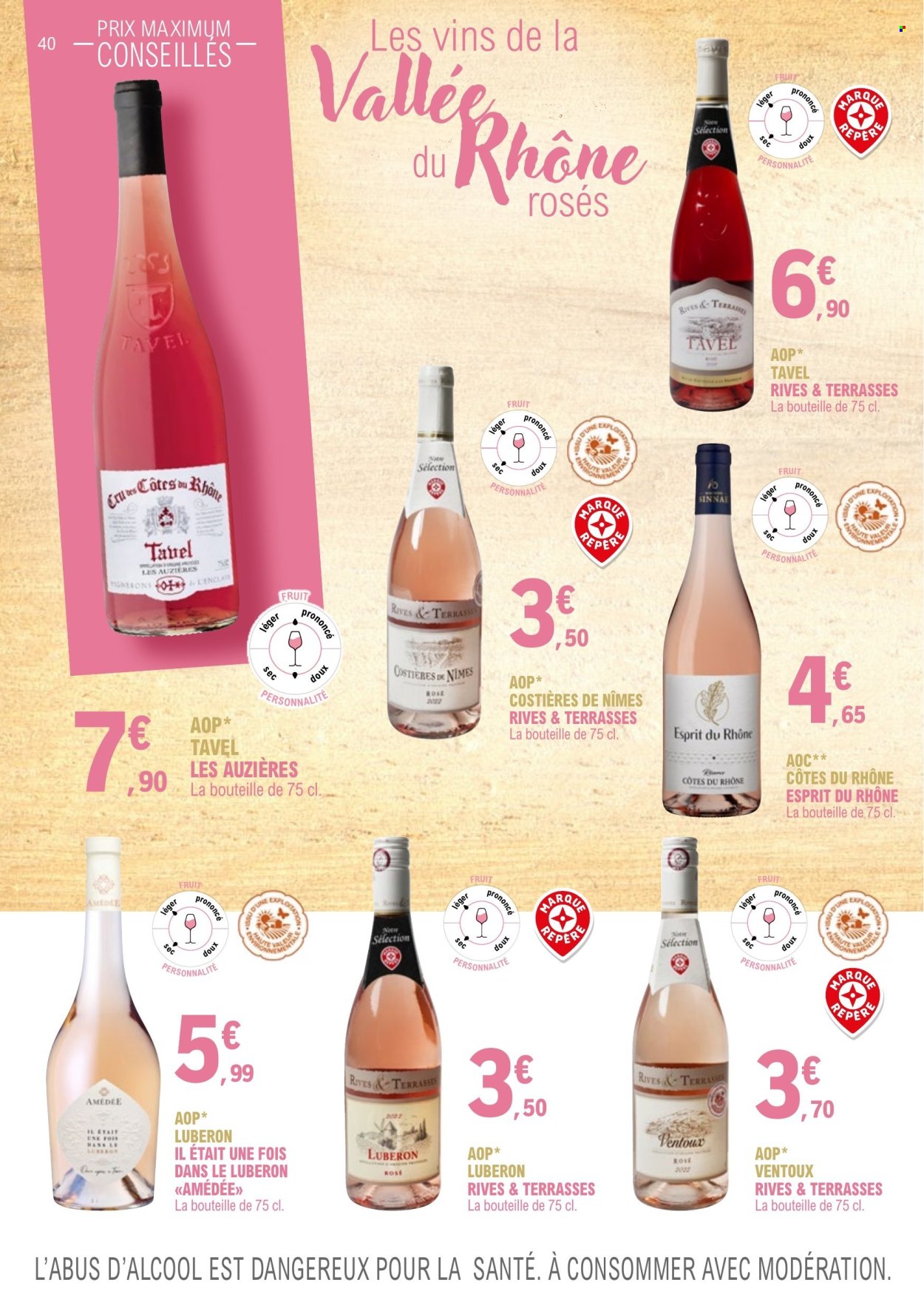 thumbnail - Catalogue E.Leclerc - 01/01/2023 - 31/12/2024 - Produits soldés - alcool, ESPRIT, Côtes du Rhône, vin rosé, vin. Page 40.