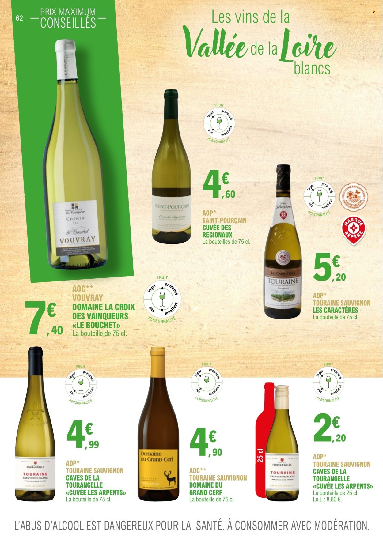 thumbnail - Catalogue E.Leclerc - 01/01/2023 - 31/12/2024 - Produits soldés - alcool, vin blanc, Sauvignon Blanc, vin, Cabernet Sauvignon, vin pétillant. Page 62.