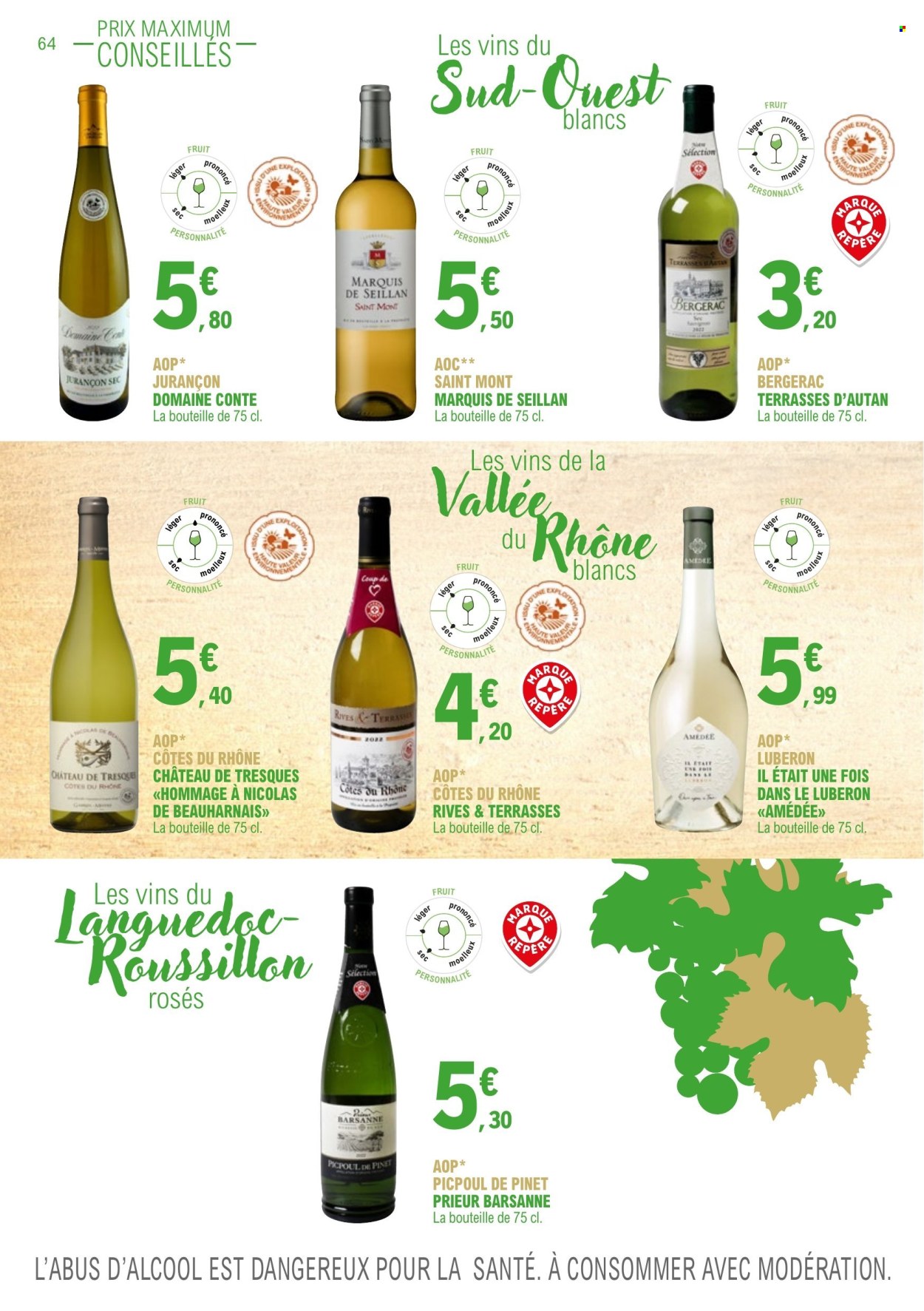 thumbnail - Catalogue E.Leclerc - 01/01/2023 - 31/12/2024 - Produits soldés - alcool, Côtes du Rhône, vin. Page 64.