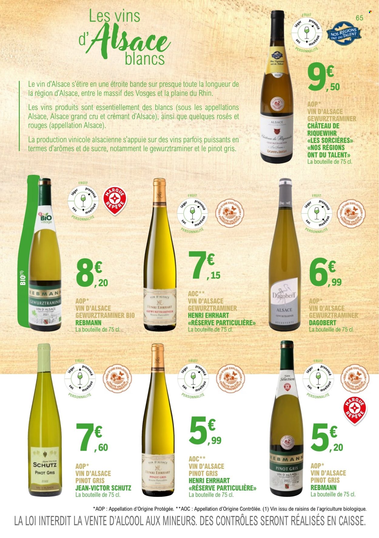 thumbnail - Catalogue E.Leclerc - 01/01/2023 - 31/12/2024 - Produits soldés - alcool, Crémant d’Alsace, champagne, vin blanc, vin d’Alsace, Pinot Gris, vin, jeans. Page 65.