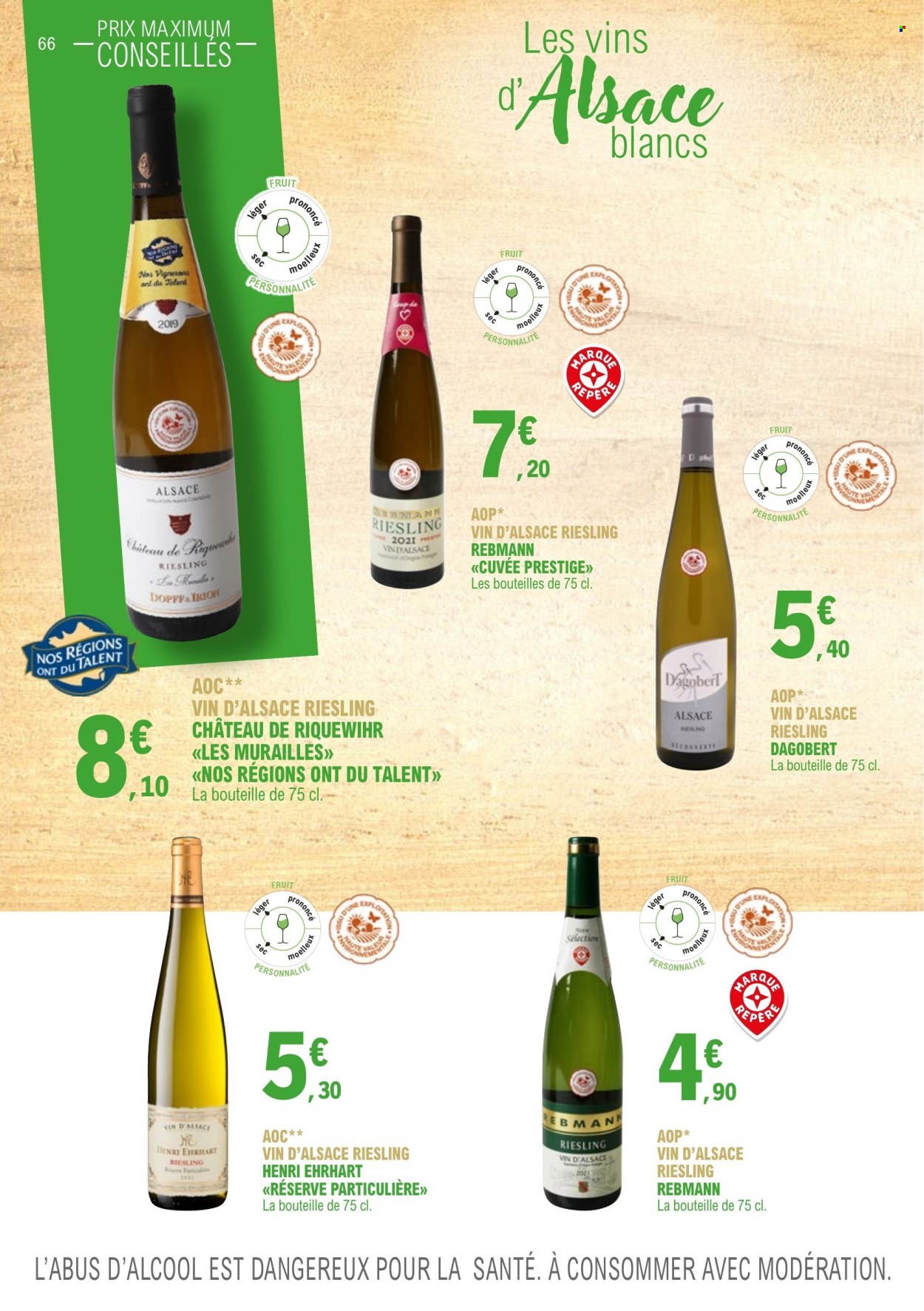 thumbnail - Catalogue E.Leclerc - 01/01/2023 - 31/12/2024 - Produits soldés - alcool, vin blanc, vin d’Alsace, vin, Riesling. Page 66.