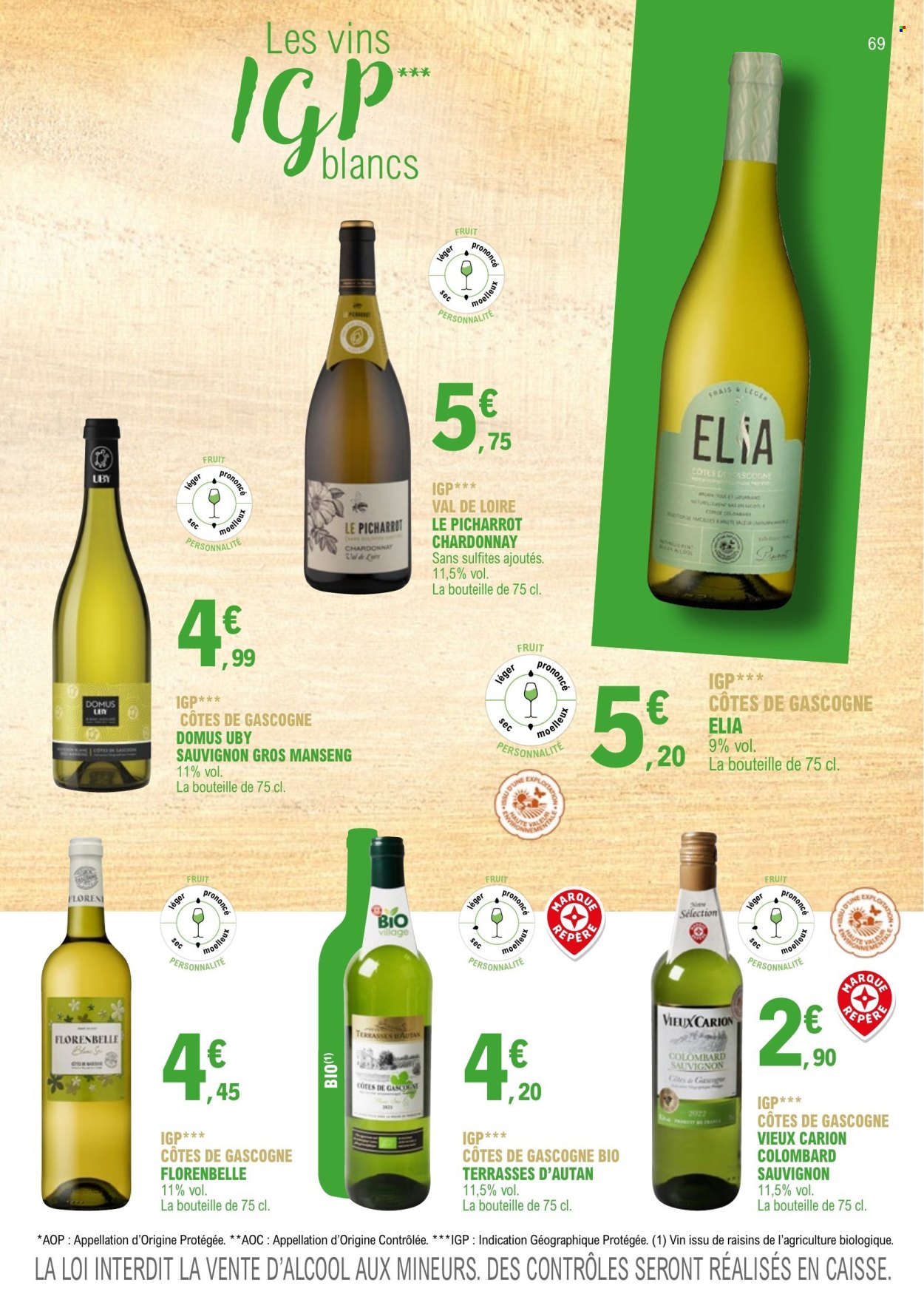 thumbnail - Catalogue E.Leclerc - 01/01/2023 - 31/12/2024 - Produits soldés - alcool, Côtes de Gascogne, vin, Cabernet Sauvignon. Page 69.