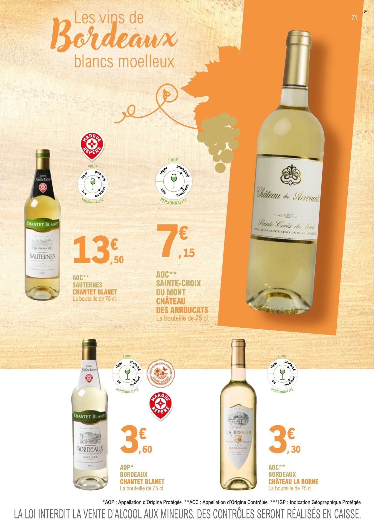 thumbnail - Catalogue E.Leclerc - 01/01/2023 - 31/12/2024 - Produits soldés - alcool, Bordeaux, vin blanc, Sauternes, vin. Page 71.