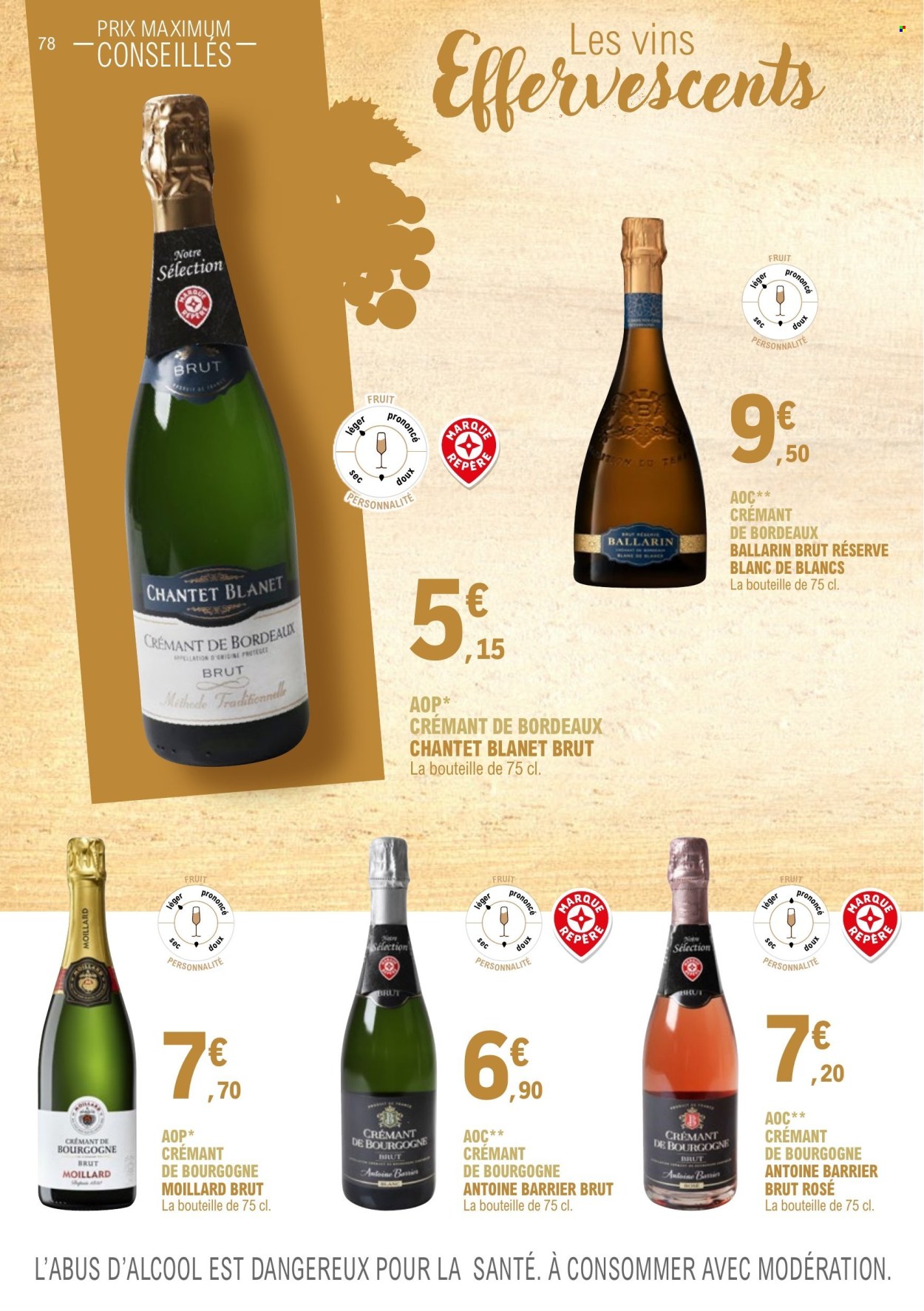 thumbnail - Catalogue E.Leclerc - 01/01/2023 - 31/12/2024 - Produits soldés - alcool, Bordeaux, Crémant de Bordeaux, Crémant de Bourgogne, vin pétillant, bourgogne. Page 78.