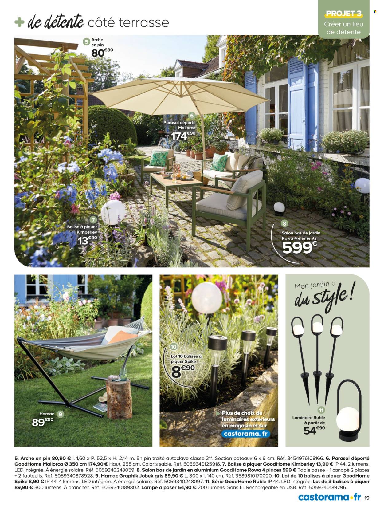 thumbnail - Catalogue Castorama - Produits soldés - table, canapé 2 places, table basse, lampe, luminaire, parasol, parasol déporté. Page 19.