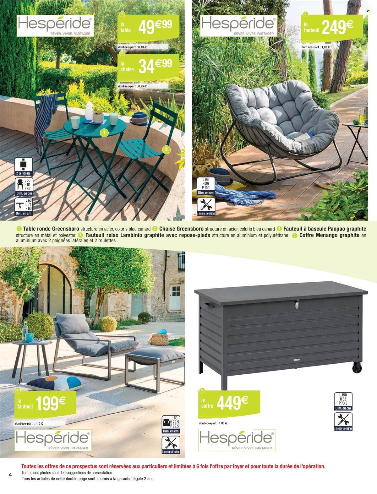 thumbnail - Catalogue Cora - 26/03/2024 - 18/05/2024 - Produits soldés - table, table ronde, fauteuil, repose-pieds, coffre. Page 4.