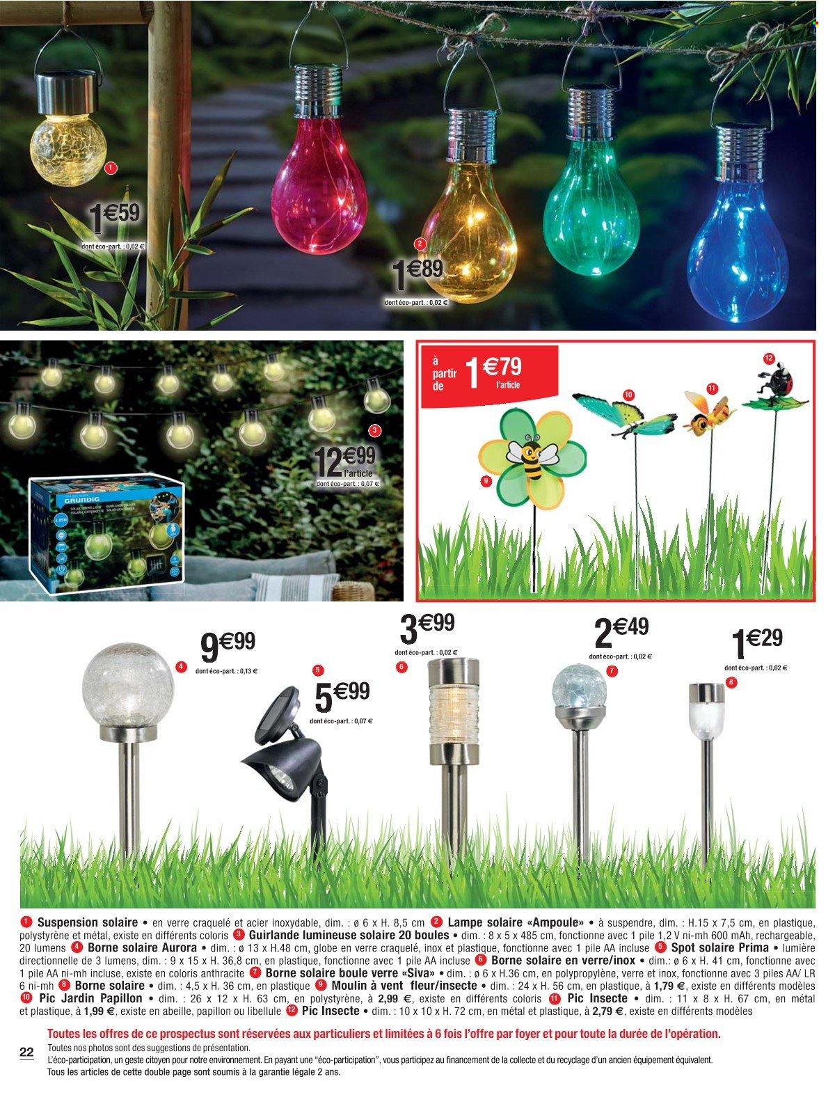 thumbnail - Catalogue Cora - 26/03/2024 - 18/05/2024 - Produits soldés - alcool, Grundig, vin, verre, guirlande, lampe, spot solaire, lampe solaire, fleur. Page 22.