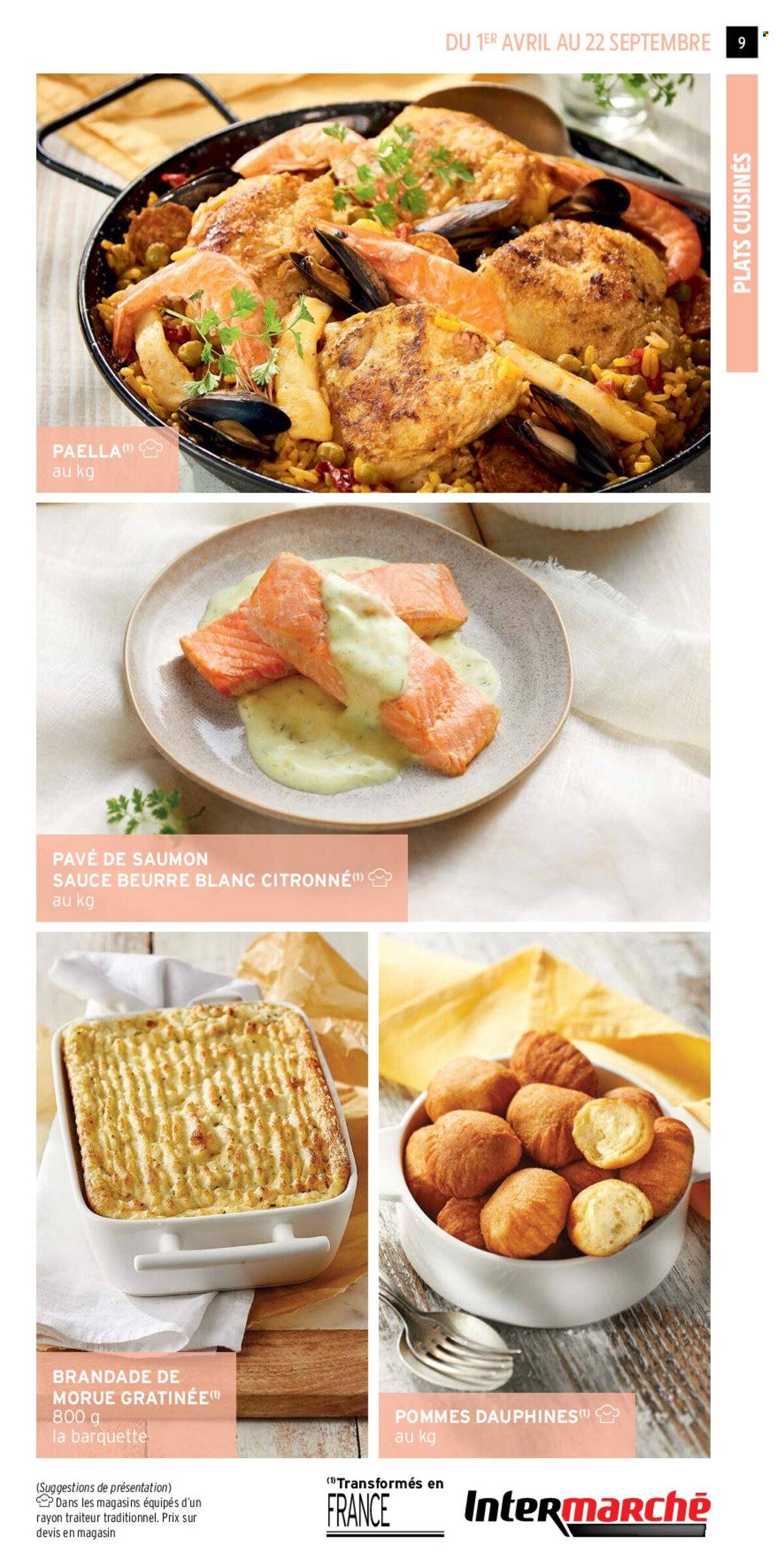 thumbnail - Catalogue Intermarché - 01/04/2024 - 22/09/2024 - Produits soldés - plat cuisiné, pommes dauphines, brandade, saumon, paella. Page 9.