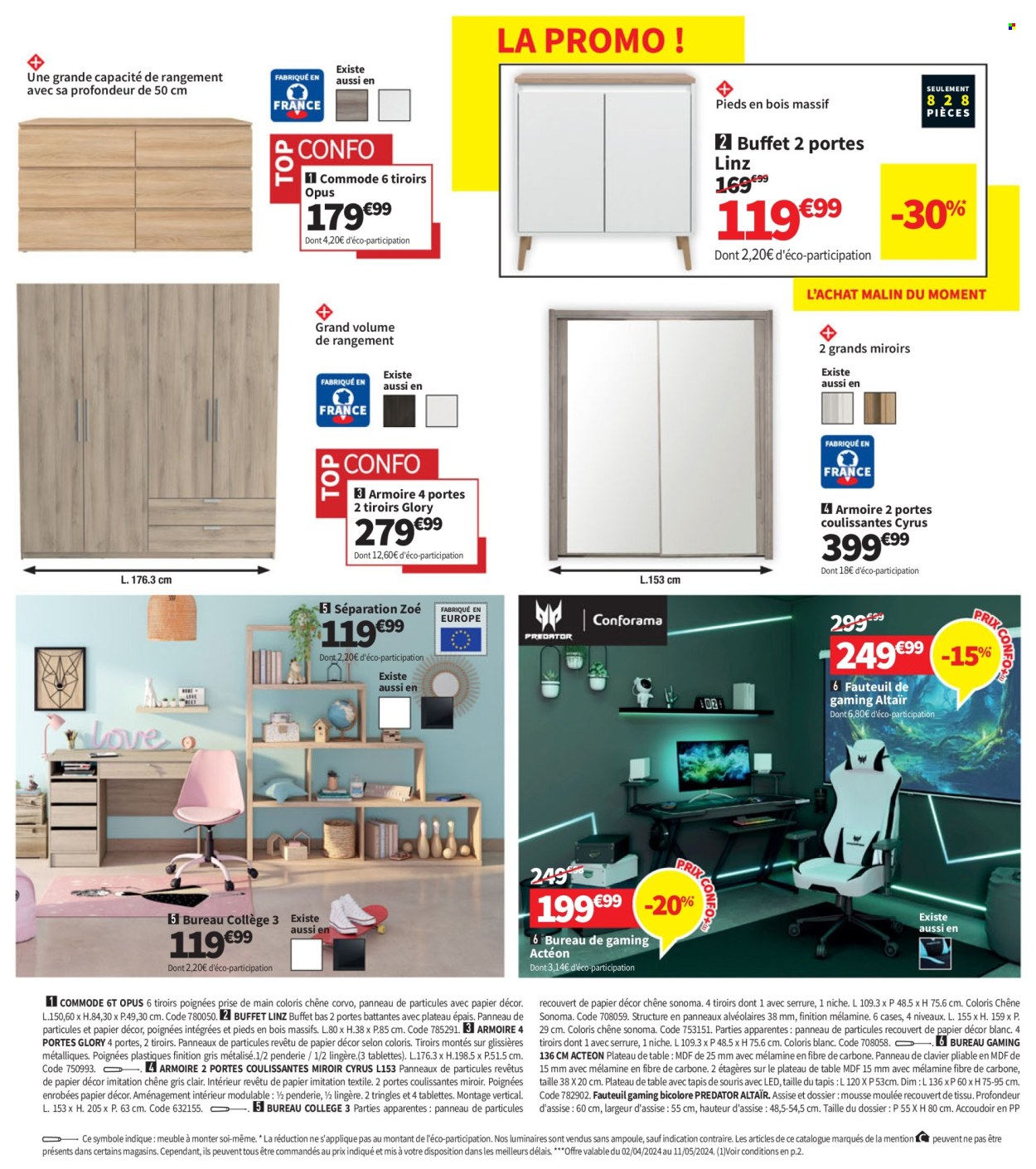 thumbnail - Catalogue Conforama - 02/04/2024 - 13/05/2024 - Produits soldés - meuble de bureau, coffret, clavier, tapis, tapis de souris, commode, buffet, luminaire. Page 36.