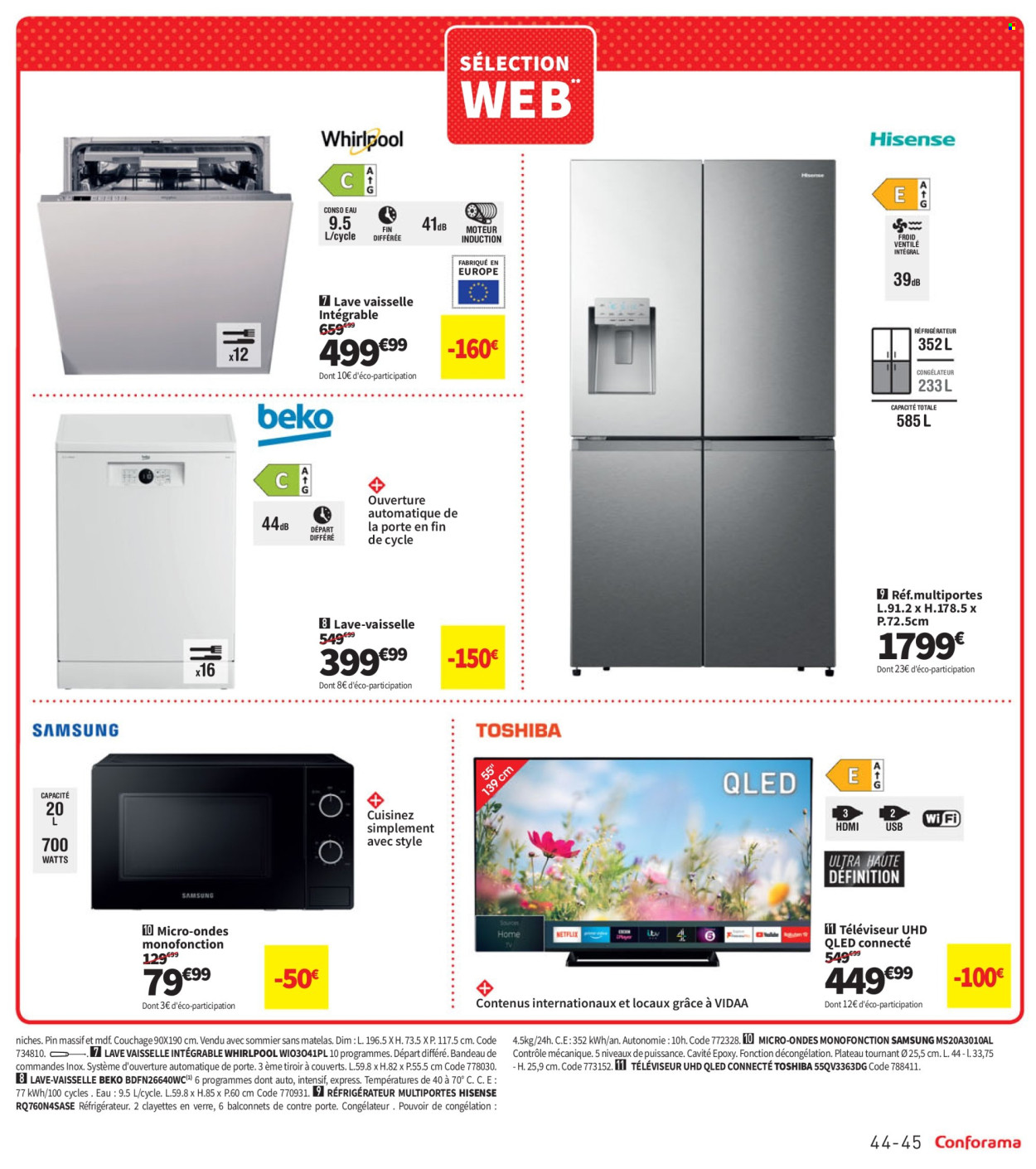 thumbnail - Catalogue Conforama - 02/04/2024 - 13/05/2024 - Produits soldés - Beko, Whirlpool, Samsung, lave vaisselle, verre, Hisense, Toshiba, téléviseur, congélateur, frigo, four à micro-ondes. Page 45.