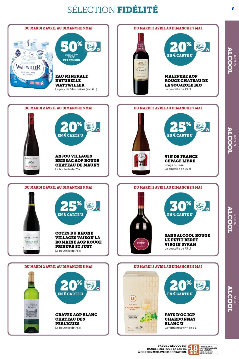thumbnail - Catalogue SUPER U - 02/04/2024 - 05/05/2024 - Produits soldés - eau minérale, eau minérale naturelle, Côtes du Rhône, vin rouge, vins de Loire. Page 23.