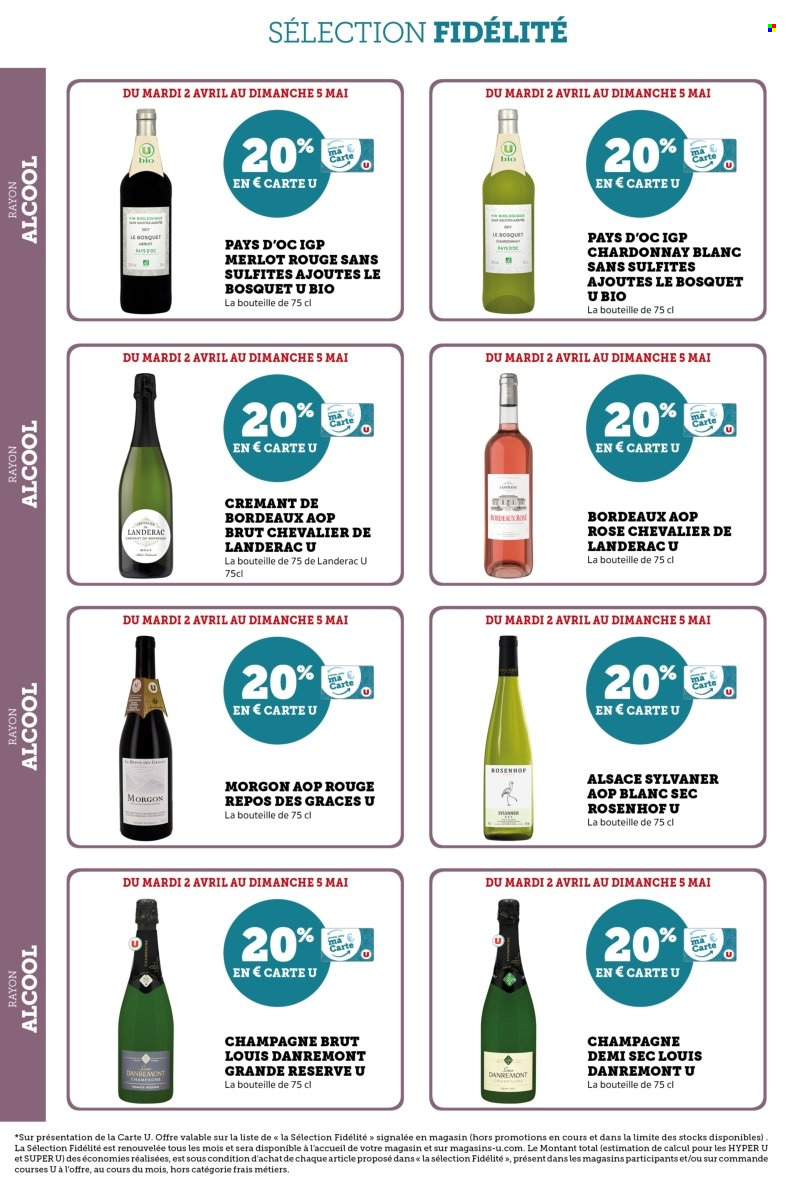 thumbnail - Catalogue SUPER U - 02/04/2024 - 05/05/2024 - Produits soldés - alcool, Bordeaux, champagne, vin blanc, vin rouge, vin, Crémant de Bordeaux. Page 24.