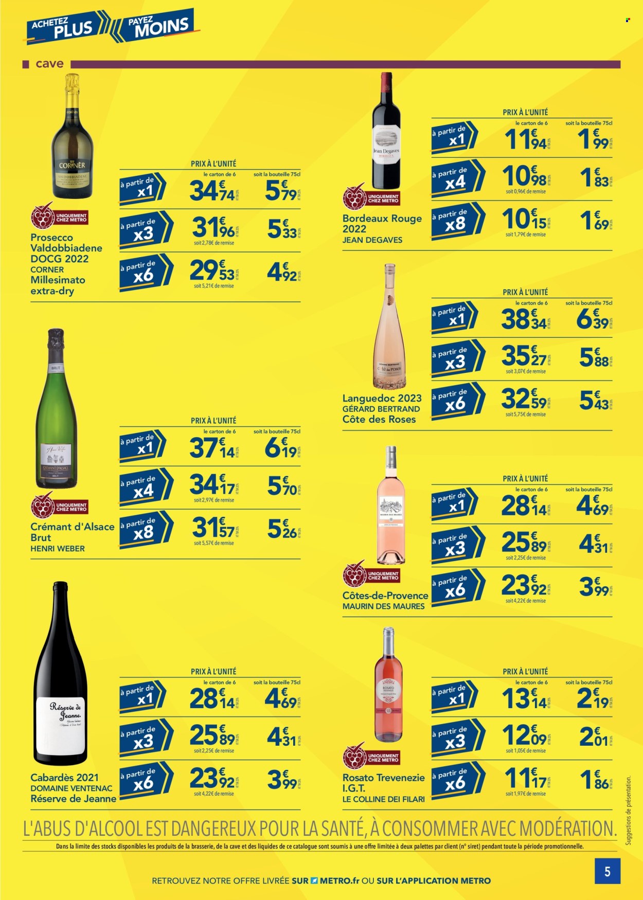 thumbnail - Catalogue Metro - 28/03/2024 - 22/05/2024 - Produits soldés - alcool, Bordeaux, Crémant d’Alsace, champagne, vin rouge, Prosecco, vin, vin pétillant, jeans. Page 5.