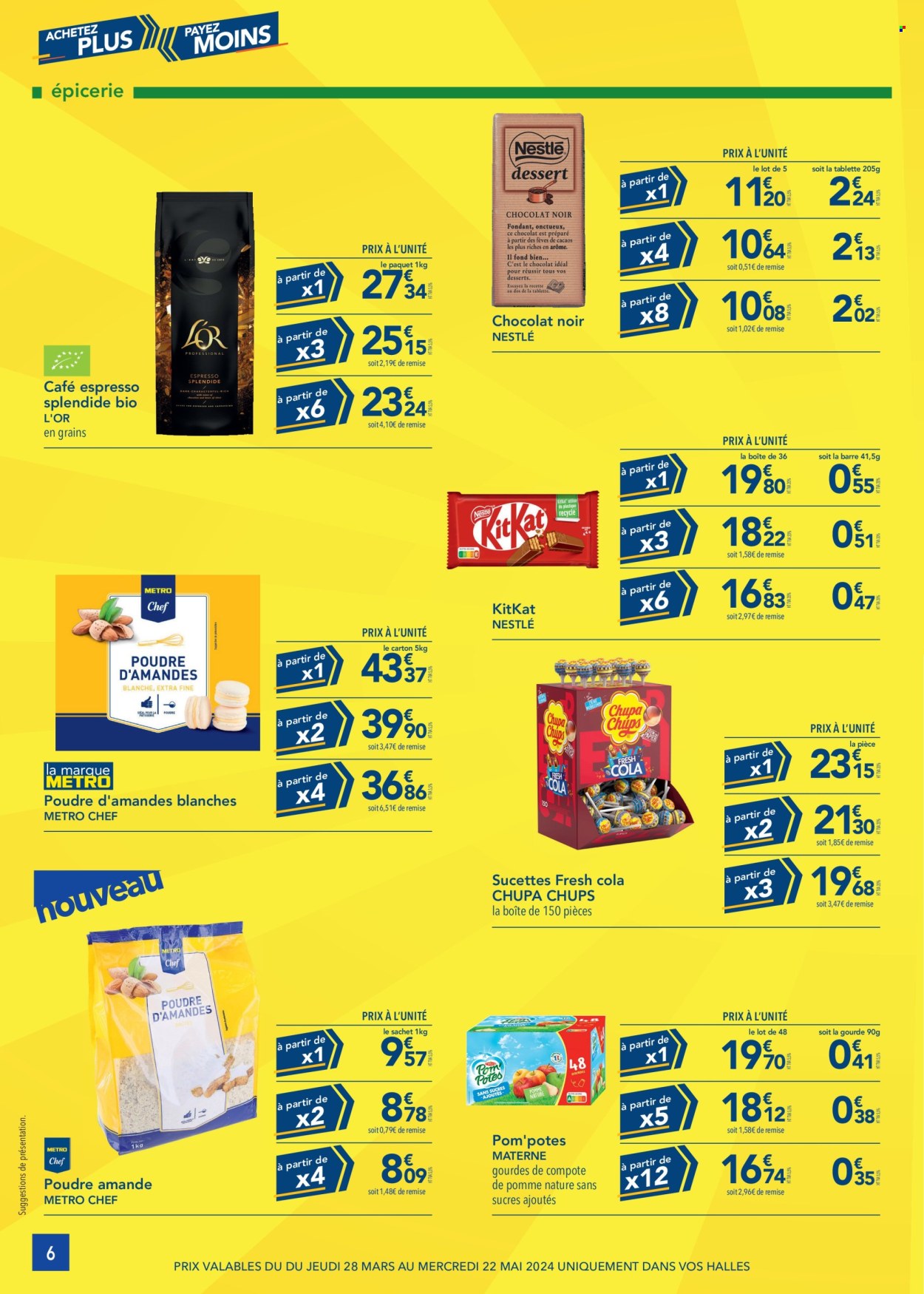 thumbnail - Catalogue Metro - 28/03/2024 - 22/05/2024 - Produits soldés - Nestlé, chocolat, chocolat noir, KitKat, compote, Coca-Cola, café, Pom'Potes, nourriture pour bébés. Page 6.