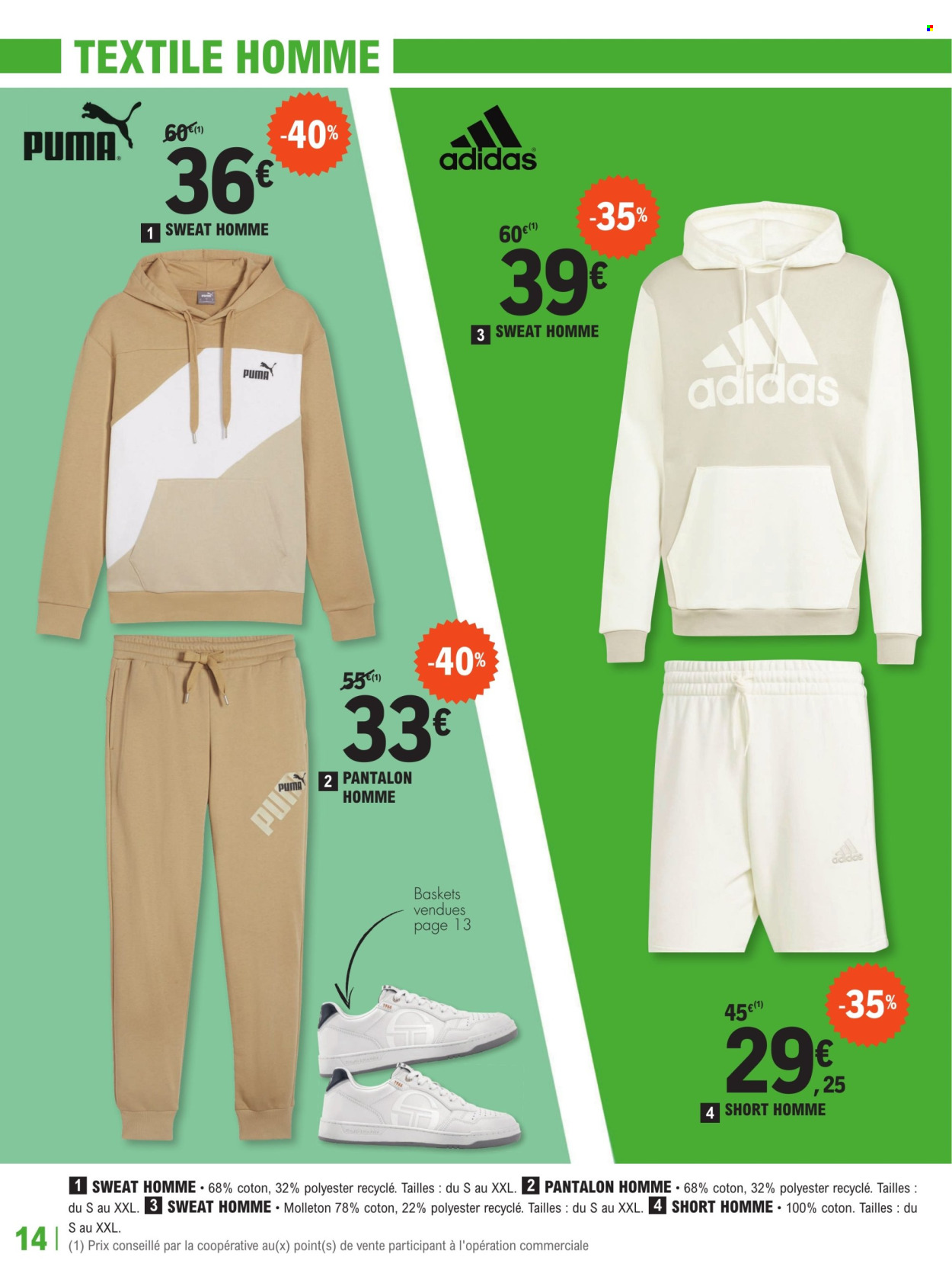 thumbnail - Catalogue E.Leclerc - 16/04/2024 - 04/05/2024 - Produits soldés - Adidas, Puma, basket, shorts, pantalon, sweat-shirt. Page 14.