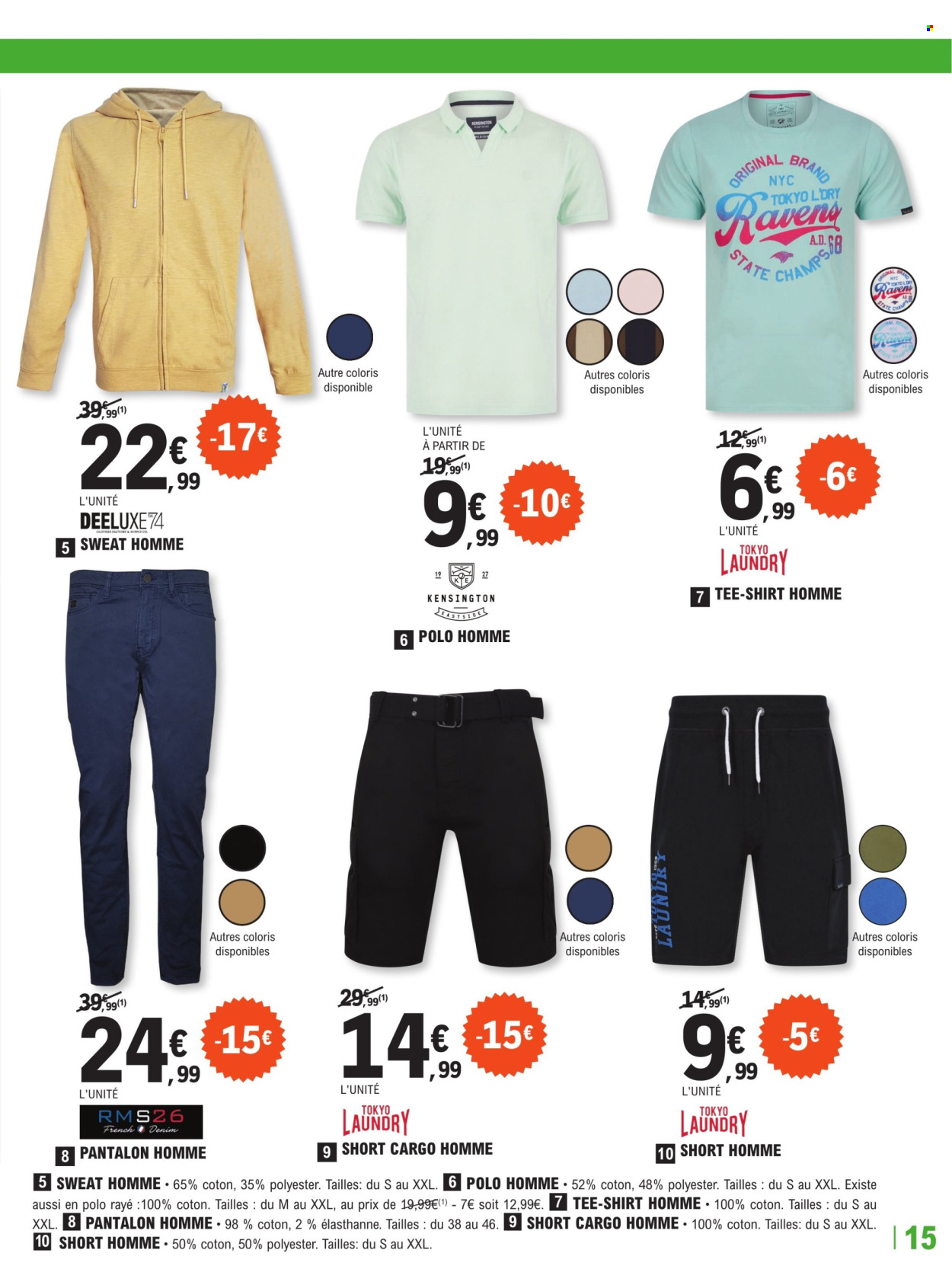 thumbnail - Catalogue E.Leclerc - 16/04/2024 - 04/05/2024 - Produits soldés - shorts, pantalon, t-shirt, polo avec, sweat-shirt. Page 15.