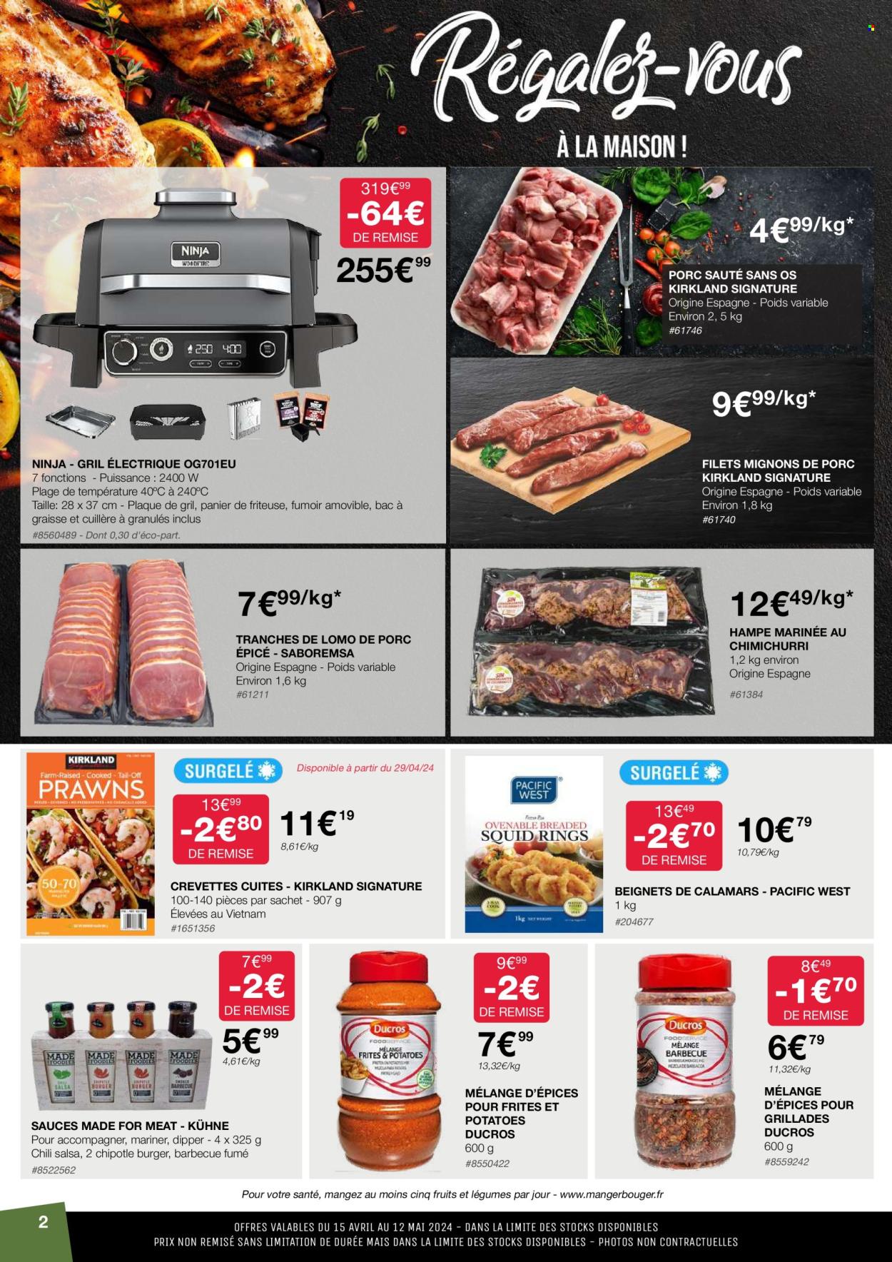 thumbnail - Catalogue Costco - 15/04/2024 - 12/05/2024 - Produits soldés - filet mignon, sauté de porc, viande de porc, maïs, pâtisseries sucrées, crevettes, calamars, épices, friteuse. Page 2.