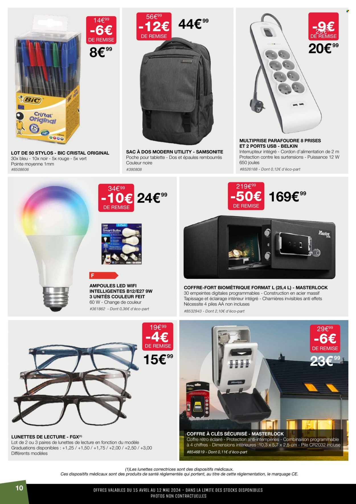 thumbnail - Catalogue Costco - 15/04/2024 - 12/05/2024 - Produits soldés - BIC, stylo, ampoule LED, sac à dos, lunettes, interrupteur, multiprise. Page 10.