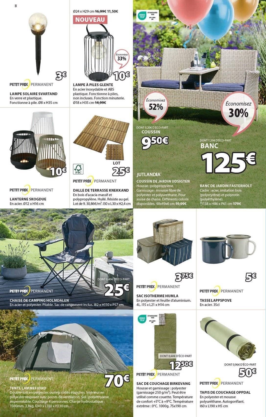 thumbnail - Catalogue JYSK - 09/04/2024 - 20/05/2024 - Produits soldés - lampe, lampe solaire, coussin, banc, lanterne, chaise, chaise de camping, sac, sac isotherme, tasse, tente, sac de couchage, tapis. Page 9.
