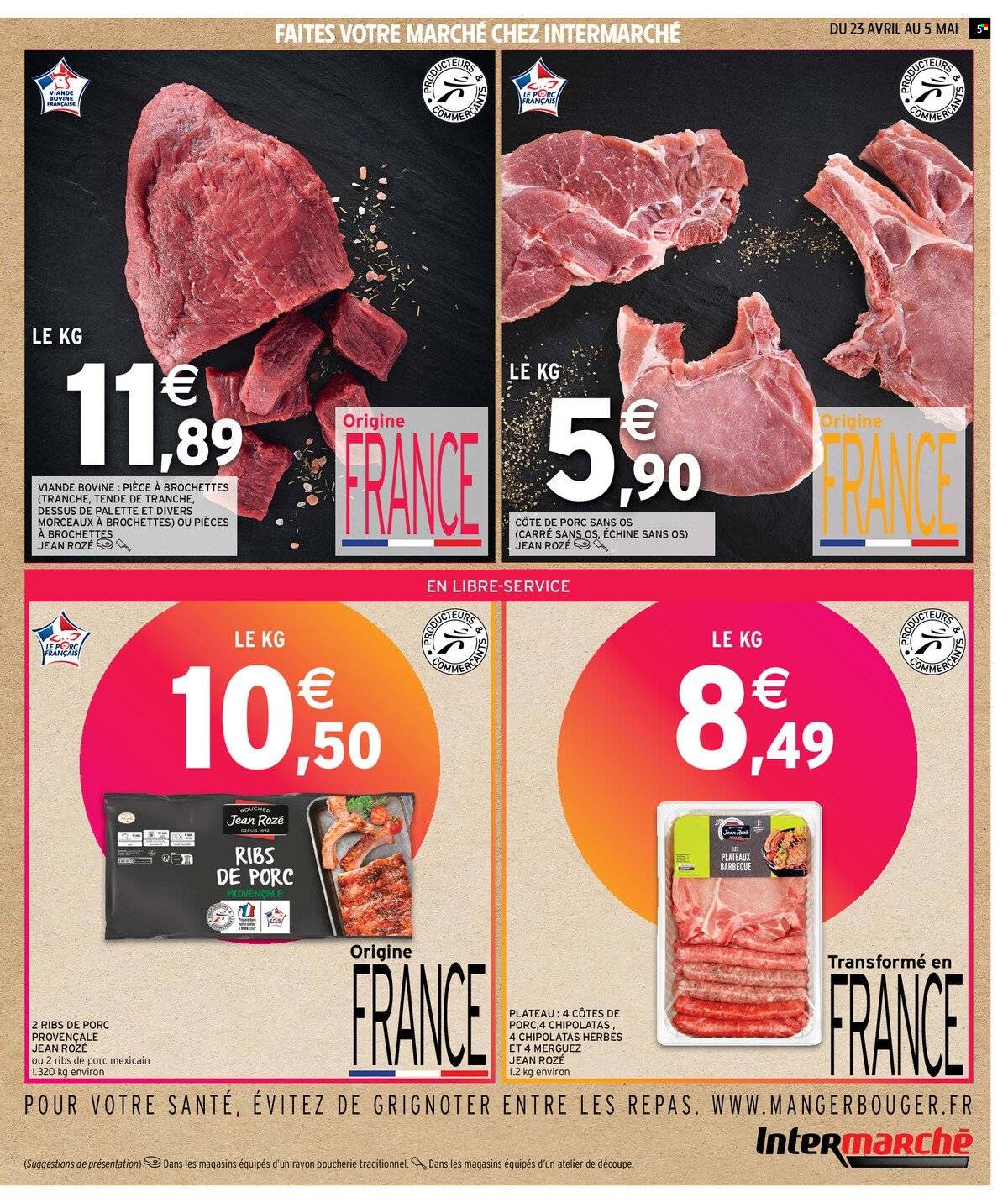 thumbnail - Catalogue Intermarché - 23/04/2024 - 05/05/2024 - Produits soldés - côtes de porc, viande de porc, merguez, chipolata, viande, viande boeuf. Page 5.