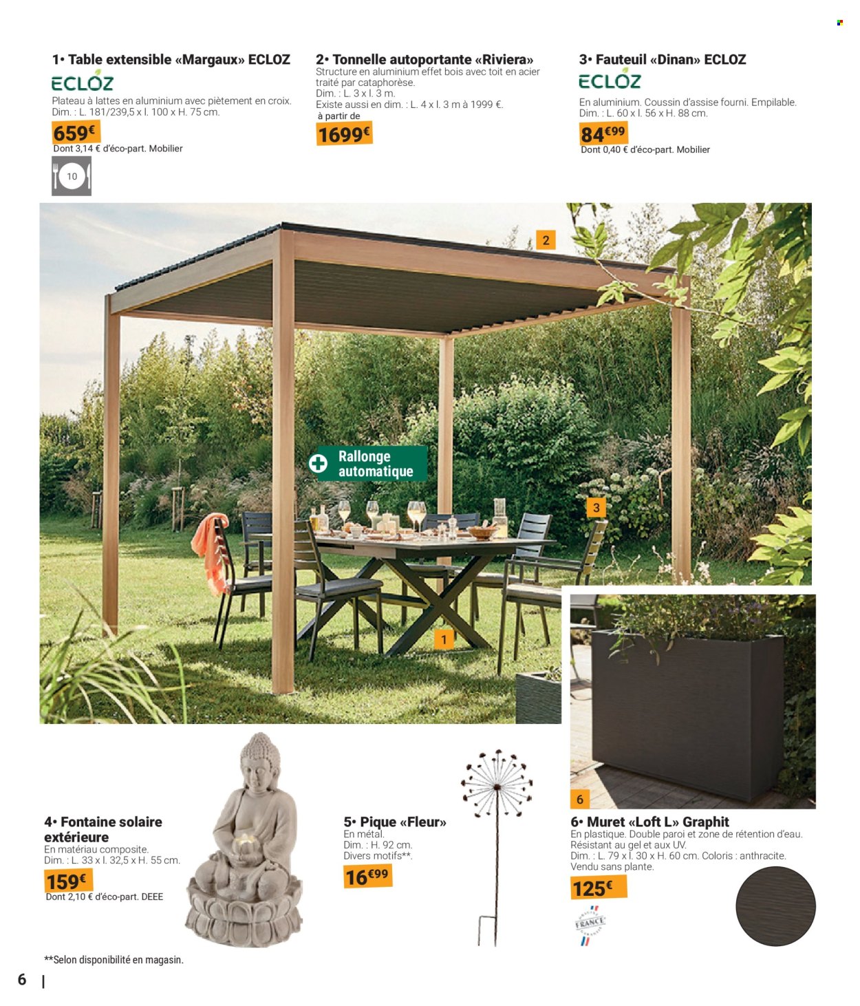 thumbnail - Catalogue Gamm vert - 20/03/2024 - 02/06/2024 - Produits soldés - table, table extensible, fauteuil, tonnelle, fleur. Page 6.