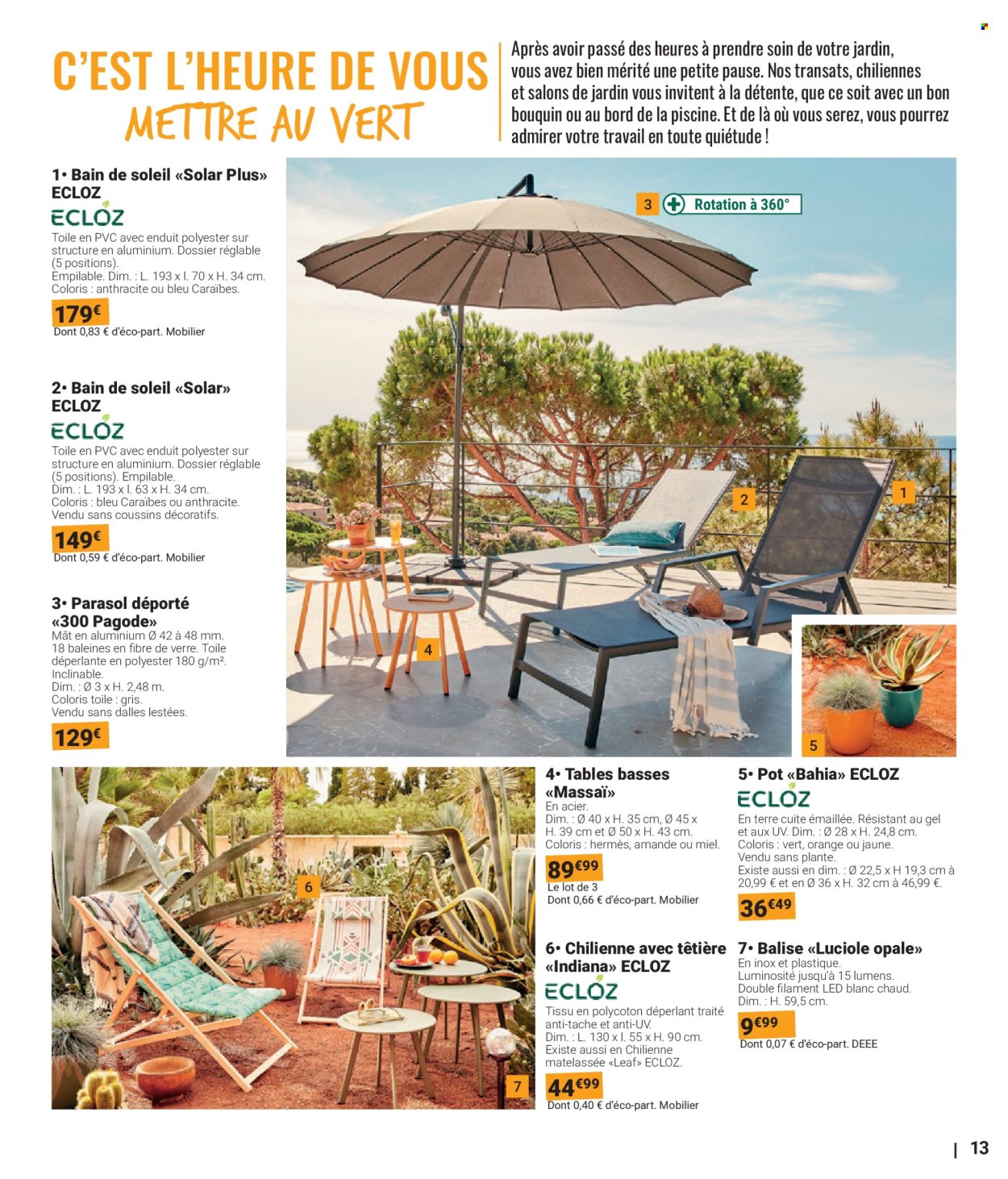 thumbnail - Catalogue Gamm vert - 20/03/2024 - 02/06/2024 - Produits soldés - coussin, table, bain de soleil, parasol, parasol déporté. Page 13.