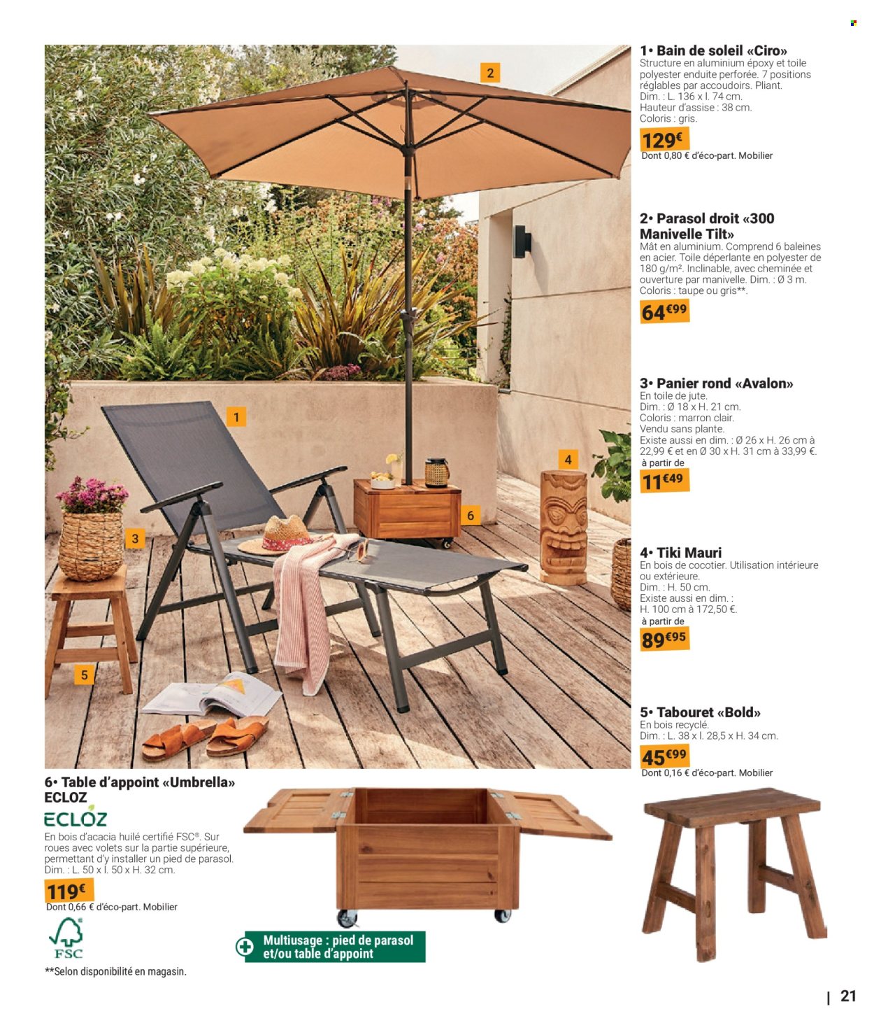 thumbnail - Catalogue Gamm vert - 20/03/2024 - 02/06/2024 - Produits soldés - panier, table, bain de soleil, pied de parasol. Page 21.