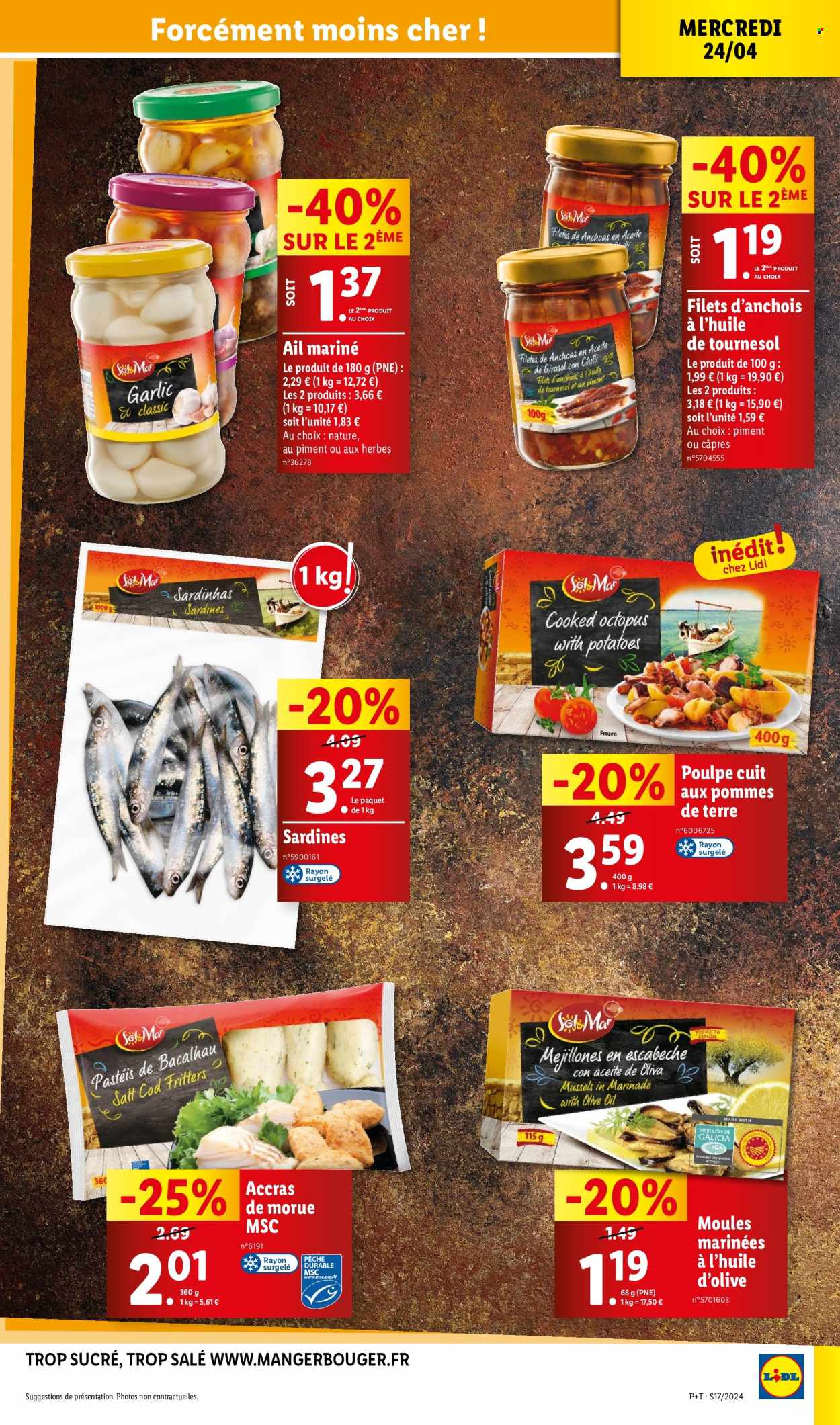 thumbnail - Catalogue Lidl - 24/04/2024 - 30/04/2024 - Produits soldés - ail, poulpe, sardines, moules, accras de morue, anchois, huile d'olive, huile de tournesol. Page 25.