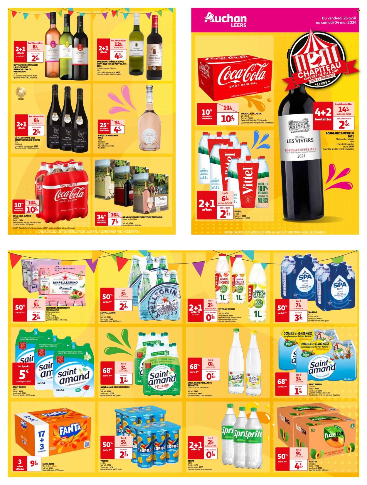 thumbnail - Catalogue Auchan - 26/04/2024 - 04/05/2024 - Produits soldés - alcool, citron vert, Coca-Cola, Fanta, boire, Sprite, Vittel, San Pellegrino, Bordeaux, Côtes du Rhône, vin rouge, vin. Page 1.