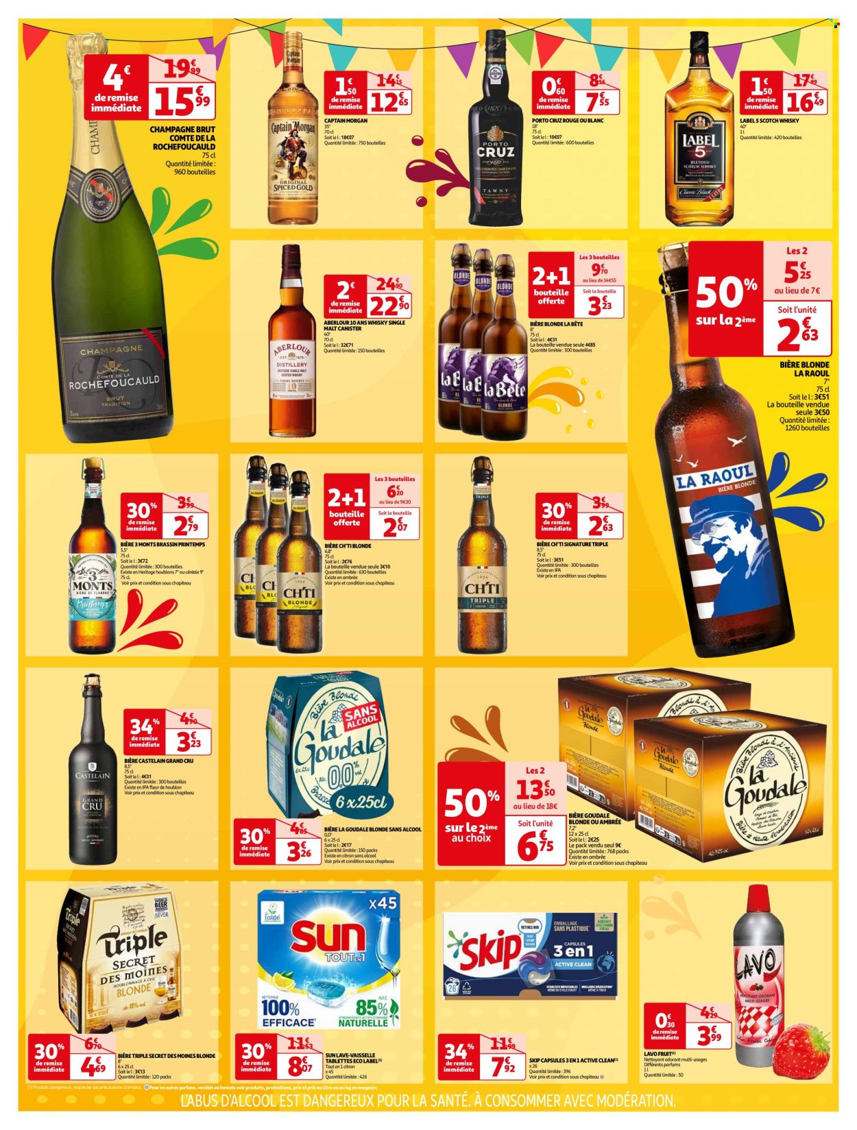 thumbnail - Catalogue Auchan - 26/04/2024 - 04/05/2024 - Produits soldés - bière, bière blonde, alcool, Goudale, lave vaisselle, champagne, Captain Morgan, whisky, Porto rouge, Skip, fleur. Page 3.