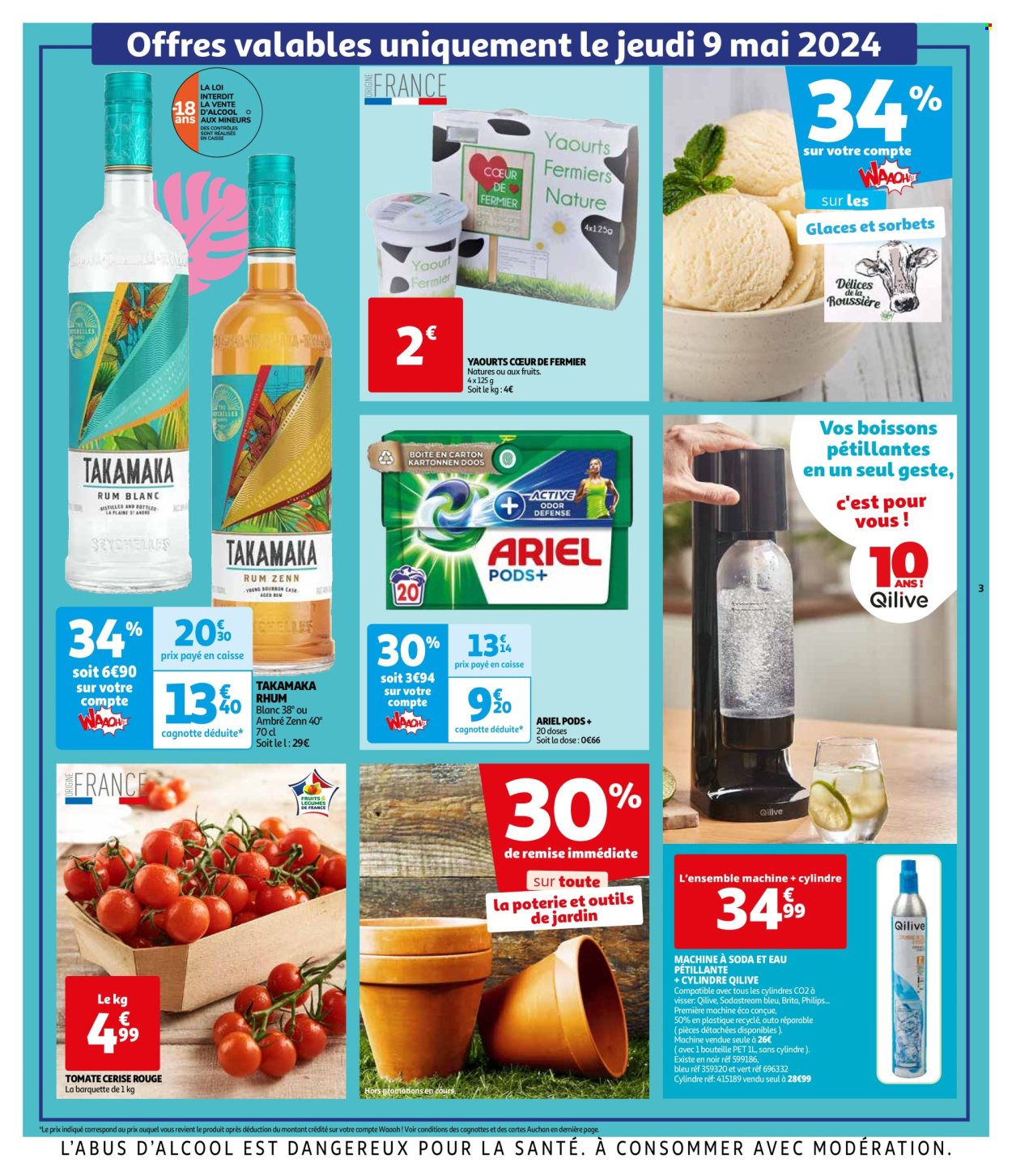 thumbnail - Catalogue Auchan - 29/04/2024 - 09/05/2024 - Produits soldés - Philips, tomates, yaourt, eau gazeuse, SodaStream, rhum, rhum blanc, Ariel, tablettes de lavage, Brita, fleur. Page 3.