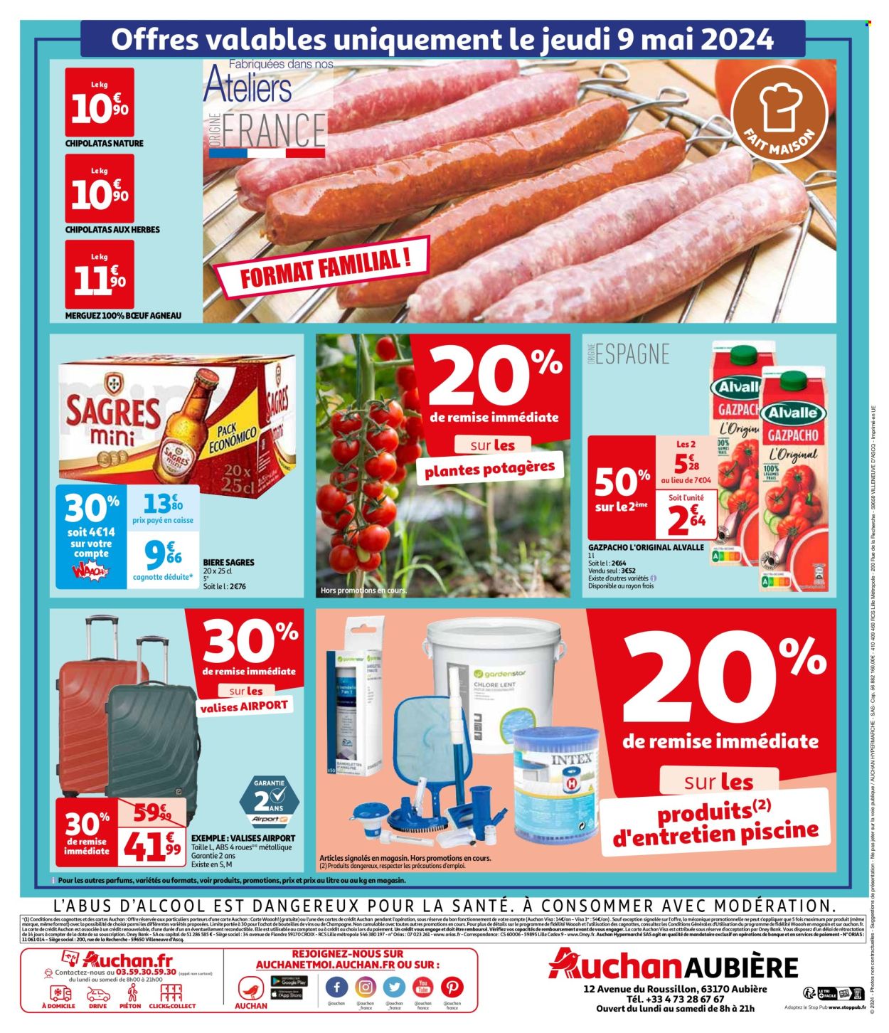 thumbnail - Catalogue Auchan - 29/04/2024 - 09/05/2024 - Produits soldés - bière, gazpacho, merguez, chipolata, vin, valise. Page 4.