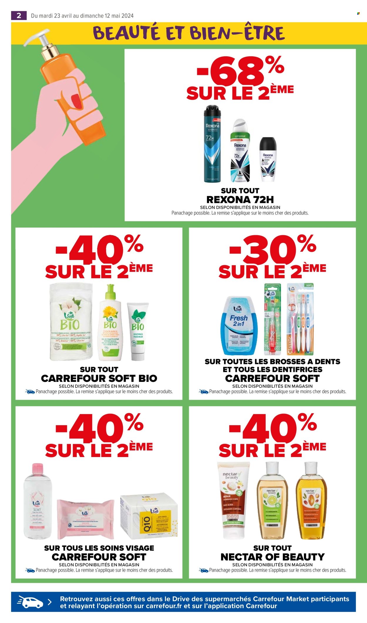 thumbnail - Catalogue Carrefour Market - 23/04/2024 - 12/05/2024 - Produits soldés - Rexona, dentifrice, brosse à dents, Soins du visage, nectar. Page 4.