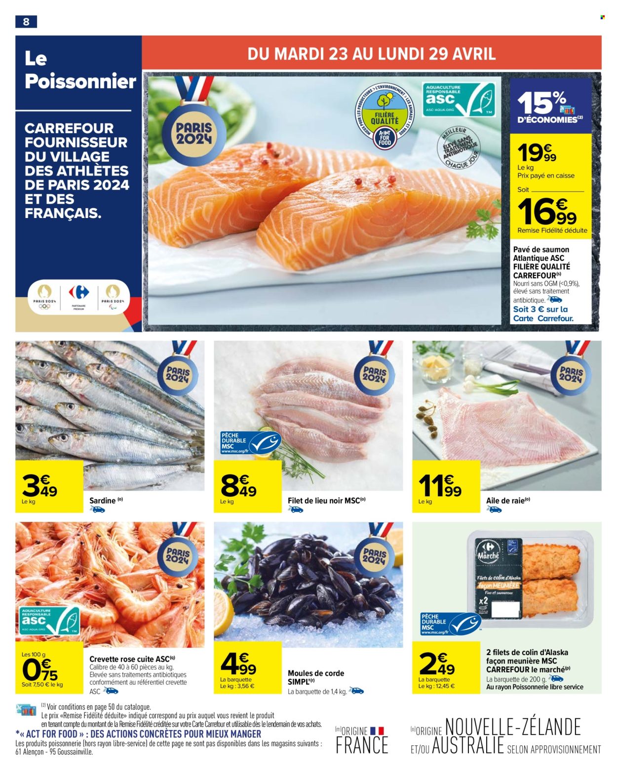 thumbnail - Catalogue Carrefour Hypermarchés - 23/04/2024 - 06/05/2024 - Produits soldés - saumon, sardines, filet de lieu, raie, crevettes, crevette rosé, moules, colin. Page 10.